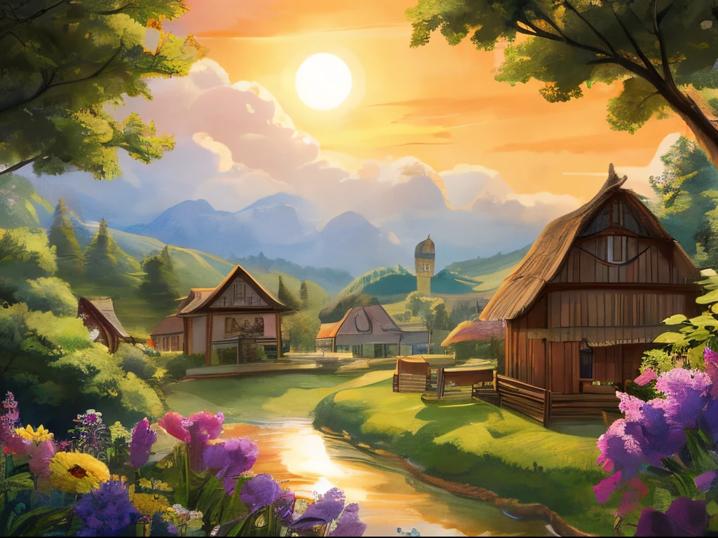 best quality,4k,8k,highres,masterpiece:1.2,ultra-detailed,realistic:1.37,landscape,colorful,happy,peaceful,serene,Eldoria village life,captured in a painting,traditional artists,watercolor style,blue skies and fluffy white clouds,lush green fields and rolling hills,quaint cottages and vibrant gardens,bustling market square with cheerful villagers,sunlight filtering through the trees,tranquil river flowing through the village,flocks of birds soaring in the clear sky,children playing and laughing in the meadow,old oak trees providing shade and tranquility,freshly harvested crops and colorful flowers,smell of freshly baked bread from the local bakery,sounds of laughter and lively conversations,rich and vibrant colors,highlight of the village celebrations,historical landmarks and charming architecture,peaceful countryside surrounding the village,immaculately maintained paths and gardens,reflective stream creating a calm and serene atmosphere,lively village festivals featuring music and dancing,harmony between nature and human life,happy villagers engaging in daily activities,sunrise or sunset casting a warm golden glow,canvas filled with life and positive energy,summer breeze gently rustling the leaves,soft and inviting atmosphere,beautifully rendered landscapes capturing every detail.