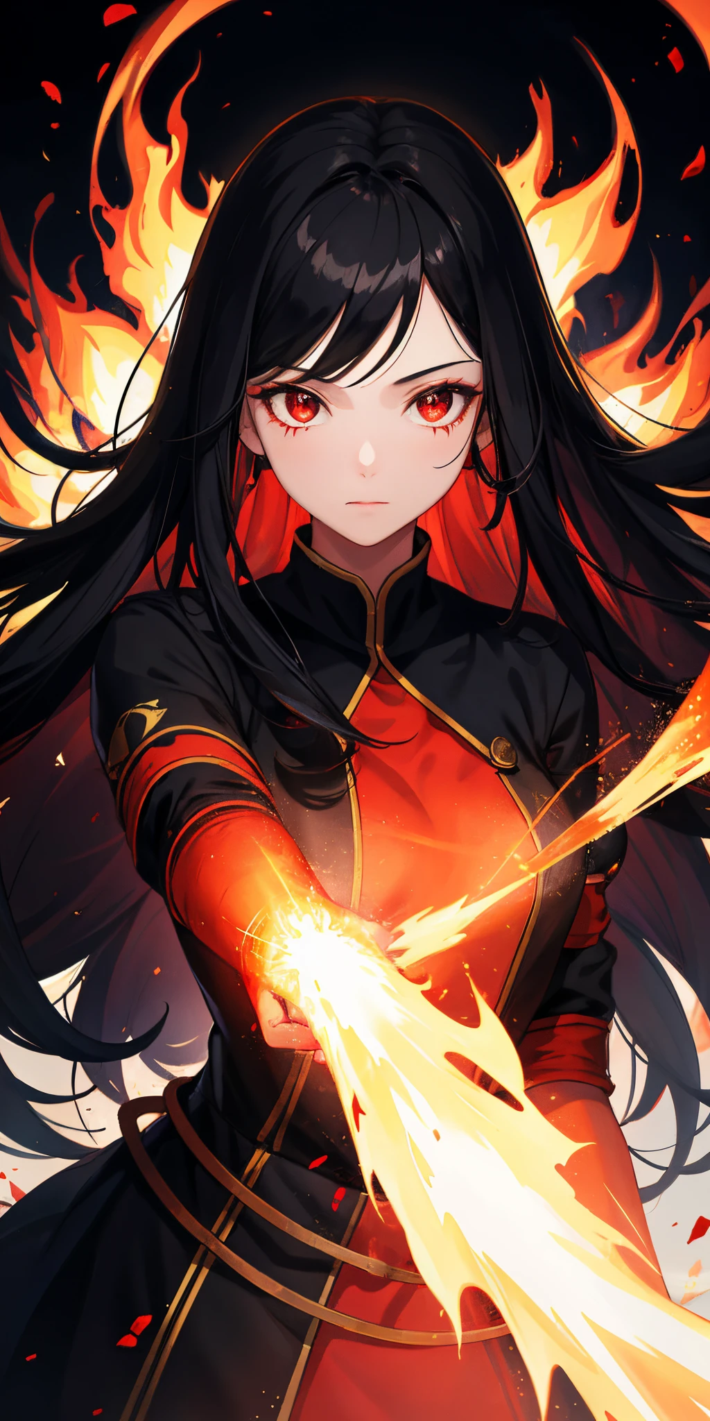 1girl, black hair, red eyes, fire witch, blood, light particles, light rays, wallpaper, high contrast, colorful,