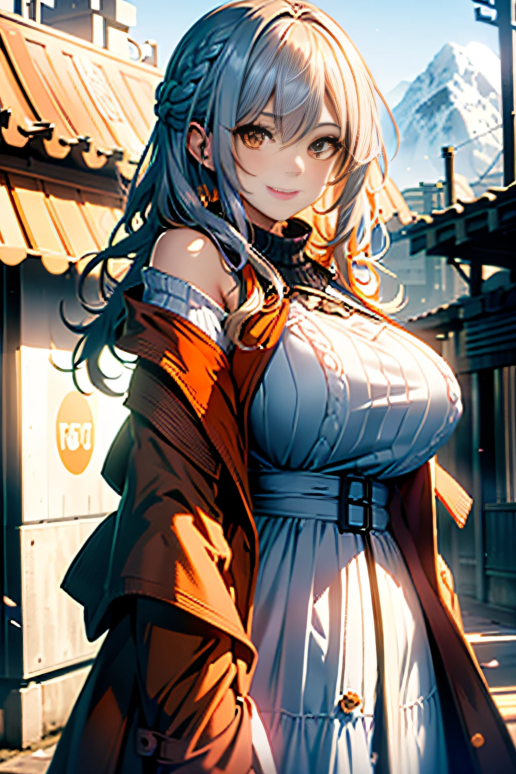 (3D Animation:1.3),(Make the subject look three-dimensional with the contrast of light and shadow),(Snowy mountains in winter),cute and beautiful adult woman,Cute round face,Cute smile,with blush cheeks,Red Lip,(((Orange Open Short Duffle Coat:1.3))),(((Off-white off-shoulder knit dress:1.3))),(silver white hair,Floral braided headband,half up、Floral Braided Space Van,Voluminous Fishtail Braids,Twisted chignon,),(Bangs are see-through bangs),hair pin,hair adornments,(((Emphasize large breasts:1.3))),breast slip,detailed clothes features,Detailed hair features,detailed facial features,(Dynamic angles),(Dynamic and sexy poses),profetional lighting,Cinematic Light,(masutepiece,top-quality,Ultra-high resolution output image,) ,(The 8k quality,depth of fields,Anatomically accurate facial structure,),(Sea Art 2 Mode:1.3),(Image Mode Ultra HD,)