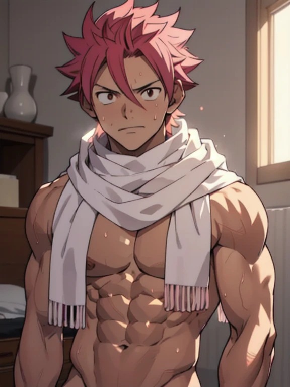 masterpiece, best quality red eyes, game cg, 1boy naked and V-Line sweating, solo, male focus, (looking at viewer), upper body sweating, natsu_dragneel Natsu Dragneel, pink hair, brown eyes, shirtless naked, ((white scarf)), toned muscle sweating, pectorals, 8 abs, toned legs, naked legs, slightly bulged,  detailed, bedroom lighting, well lit, naked body, bedroom in the background, ((upper body)), (naked flaccid )