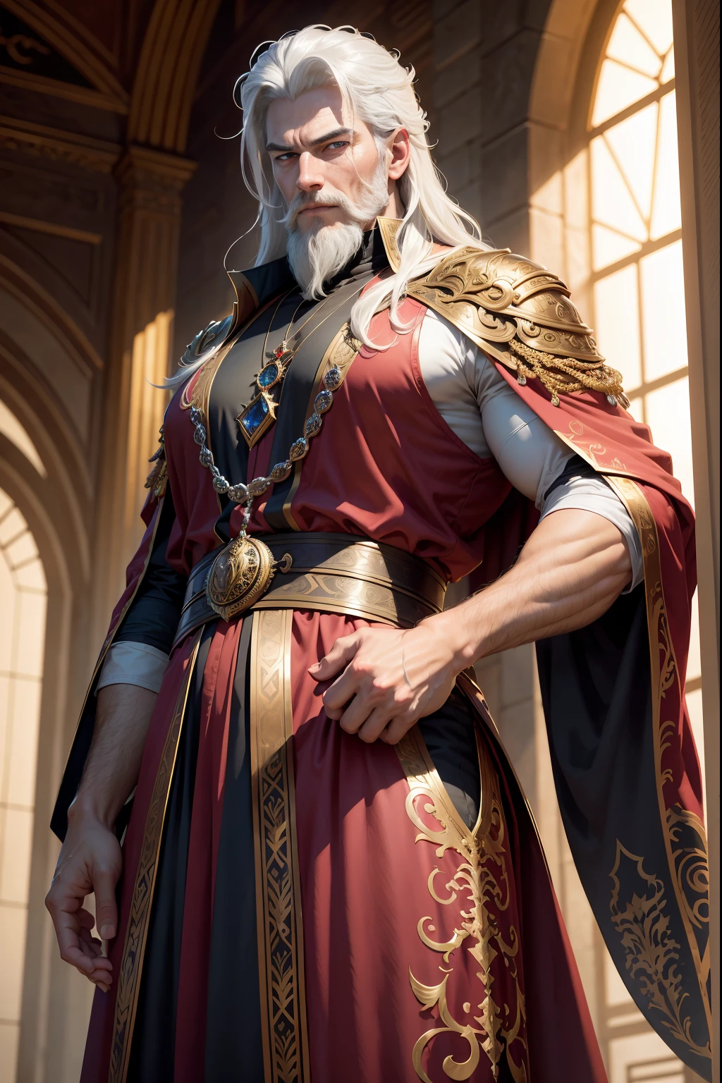 Create a captivating portrait of Magnus, an enigmatic leader with an authoritative aura. Portray his robust physique, with broad shoulders and a tall stature that commands attention. Highlight his flowing, silver-white hair that cascades down to his shoulders, and his well-groomed, silver-white beard that adds to his regal appearance. Emphasize his piercing sapphire blue eyes, reflecting wisdom and mystery. Capture his pale, flawless skin, with sharp and defined features that exude authority. Clothe him in a flowing crimson robe embellished with intricate golden patterns, symbolizing his dominion. Pay attention to the details, such as his expressive eyebrows and the pendant of an ornate dragon around his neck, signifying his might and control. Convey his commanding presence and the weight of his leadership through the image. --s 1000