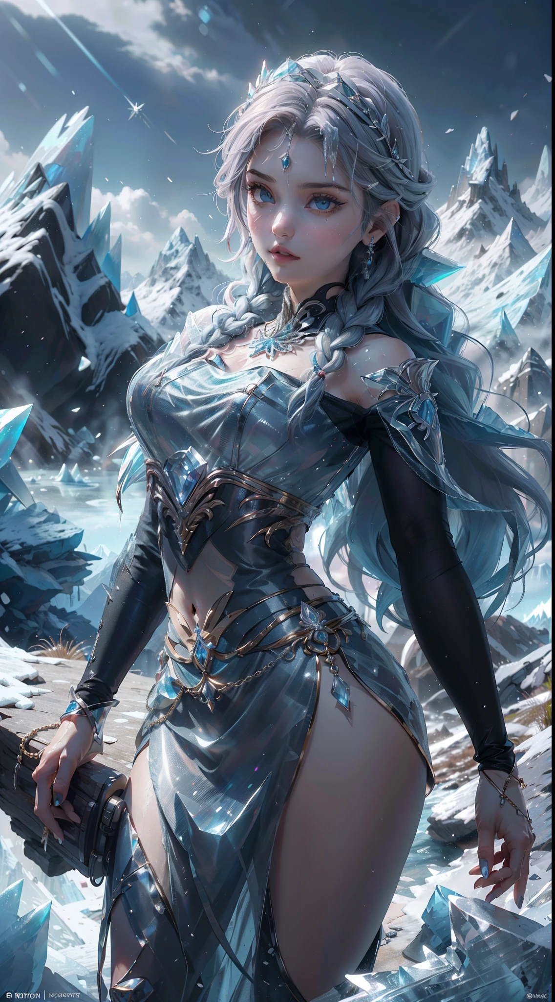 Selena Gomez, tmasterpiece，the highest picture quality，，Hermoso retrato de cuerpo completo de caballero femenino，Exquisito peinado de trenza azul.，Ojos claros，La espada，armadura，cristal，Detalles ultra detallados，Avanzado。At the Pixiv Art Station，Rompe tu propio poder，Luis，Pechos grandes exponiendo escote，R-18G,(background mountain stone giant frozen:1.4),,More detailed 8K.motor irreal:1.4,UHD,La mejor calidad:1.4, fotorrealista:1.4, textura de la piel:1.4, obra maestra:1.8,obra-prima, mejor calidad,objeto Objeto], (detailed face features:1.3),(manos detailed), (4 k detail fantasy),(Realista, Fotorrealismo, Realista: 1.37),((Las proporciones correctas))