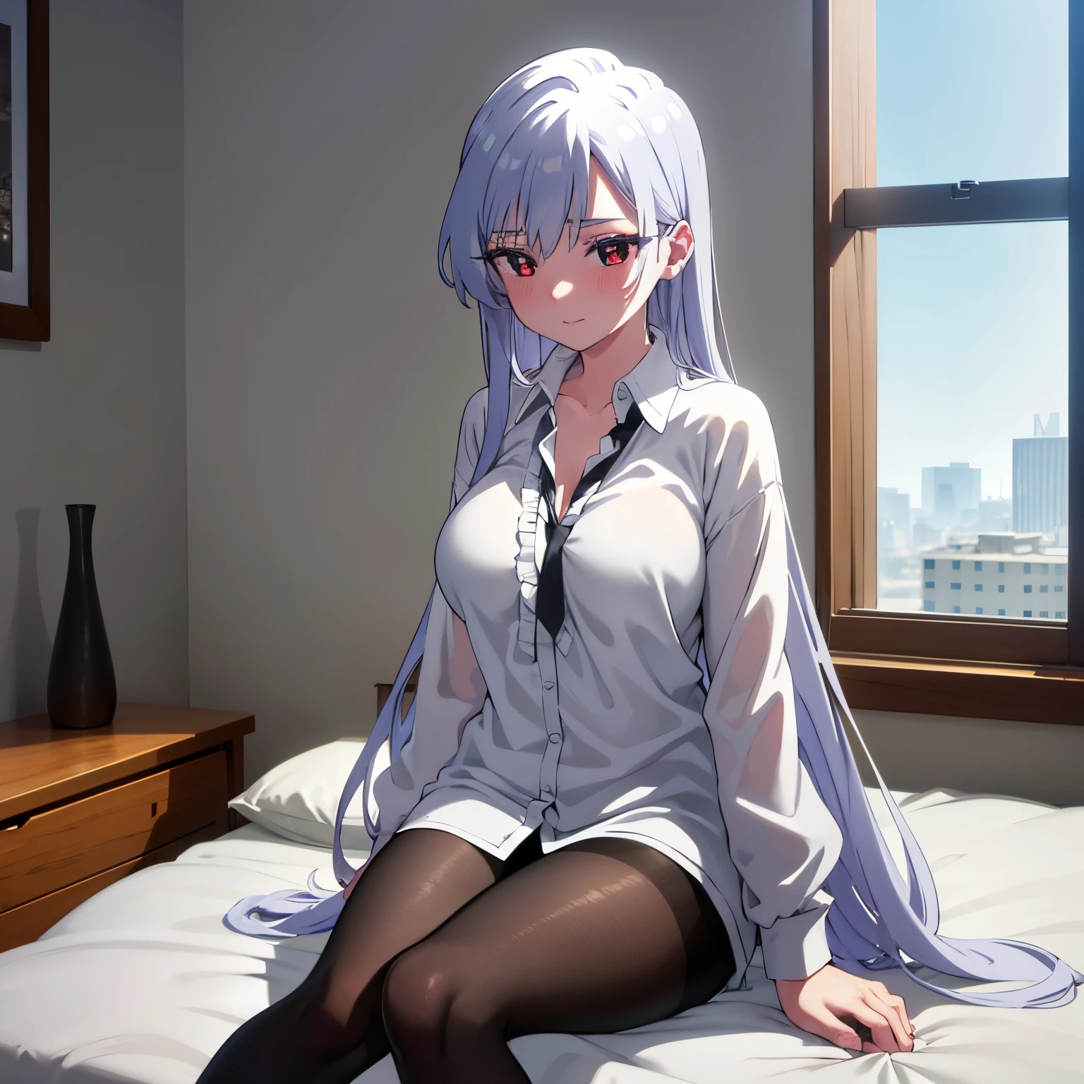 Girl,long hair,White hair,purple eye,cat ear, sexy,white shirt , naked below, show pussy , on red sofa, in living room