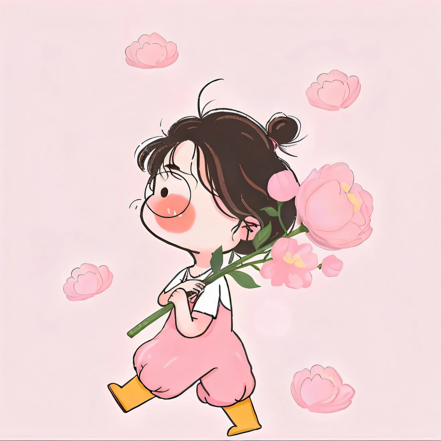 Cartoon girl holding pink flower in hands,pink back ground, There are flowers, cute cartoon character, with flowers, adorable digital art, Inherit the flowers on the cheeks of the human face, 🍁 Cute big breasts, author:Yi Yinwen, Mei Qing, Cartoon Cute, Holding flowers, lovely art style, Cute cartoon, Girl with painted face, girl wearing flowers, hold a flower