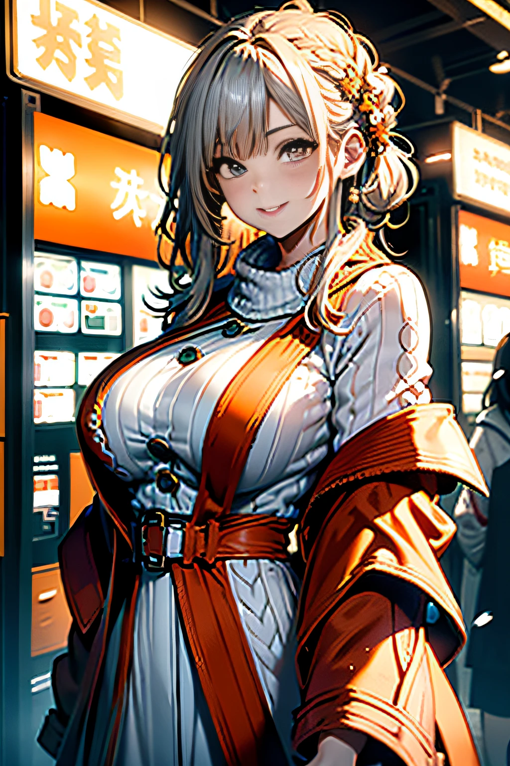 (3D Animation:1.3),(Make the subject look three-dimensional with the contrast of light and shadow),(winter snowy mountain climbing:1.3),cute and beautiful adult woman,Cute round face,Cute smile,with blush cheeks,Red Lip,(((Orange Open Short Duffle Coat:1.3))),(((Off-white off-shoulder sweater dress:1.3))),(silver white hair,Floral braided headband,half up、Floral Braided Space Van,Voluminous Fishtail Braids,Twisted chignon,),(Bangs are see-through bangs),hair pin,hair adornments,(((Emphasize large breasts:1.3))),breast slip,detailed clothes features,Detailed hair features,detailed facial features,(Dynamic angles),(Dynamic and sexy poses),profetional lighting,Cinematic Light,(masutepiece,top-quality,Ultra-high resolution output image,) ,(The 8k quality,depth of fields,Anatomically accurate facial structure,),(Sea Art 2 Mode:1.3),(Image Mode Ultra HD,)