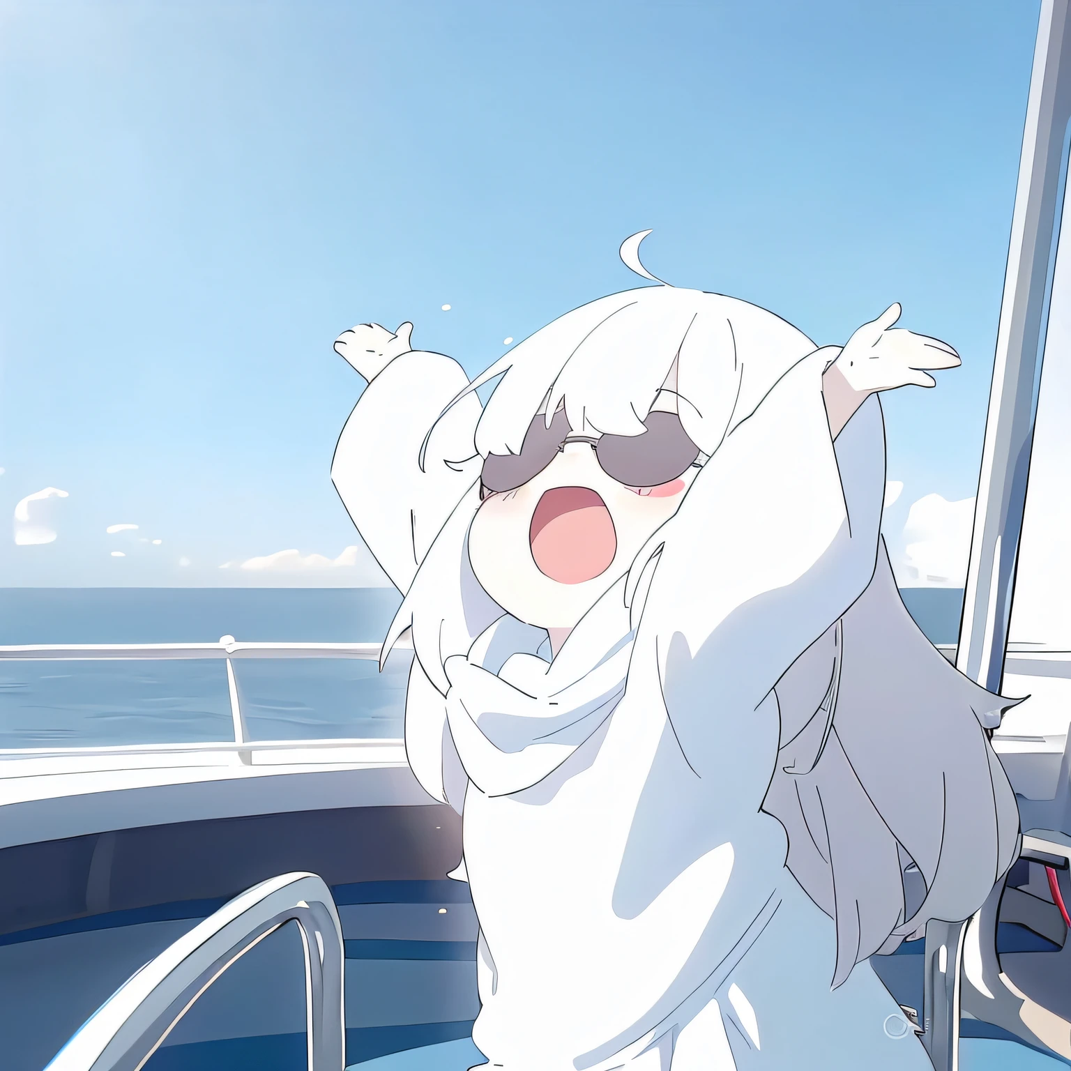 Cartoon character raising arms on boat, On a yacht at sea, Fleet collection style, azur lane style, across the sea, On the boat, On the deer, Anime visuals of a cute girl, Translucent fluid flowing from the《Azure route》videogame, Lolish, Curvy little loli, Sensual posture(raise both arms + Happy), the ocean in the background