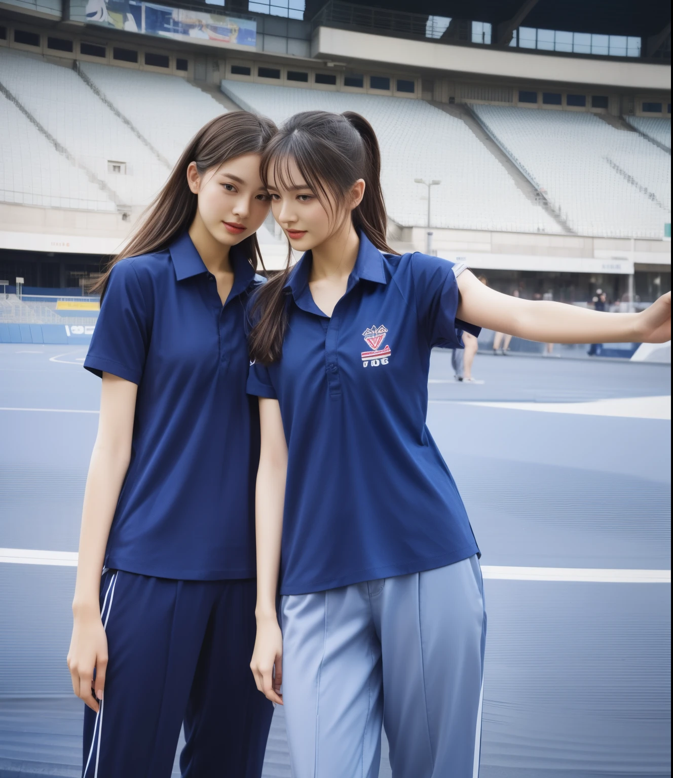 (bestquality,10,10,highres,masterpiece:1.2),ultra-detail,(Realistic,photorealistic portrait,photo-realistic:1.37),1 Cute girl in the football field,oily shiny skin,bara,light smile,BDclothes,((blue shirt:1.3)),short sleeves,shirt, trousers.,(navy_long_Pants Track:1.1), ((Stadium Background:1.3)),dynamic angle,excited,face focus,Dynamic Poses,from behide,Ass Focus,masterpiece, bestquality, ultra realistic, hyper-detail, 8k resolution, RAW photo, crisp focus, ((Navy blue shirt:1.1)), short sleeves, Long Path, Perfect body, 2 mature women, 18yo, cinematic light,Blue sweatpants,Gymware,Correct ???????,Complete body, Correct body, sharp face, Anatomically correct body, full entire body, Realistic gestures, long-haired, Realistic poses,Wear long shorts.......................,Long leg span,Shapely,Sculpting Girl, Slender Figure, mannequin mannequins, Shapely, Beautiful body,Blue sweatpants, Two girls kissing