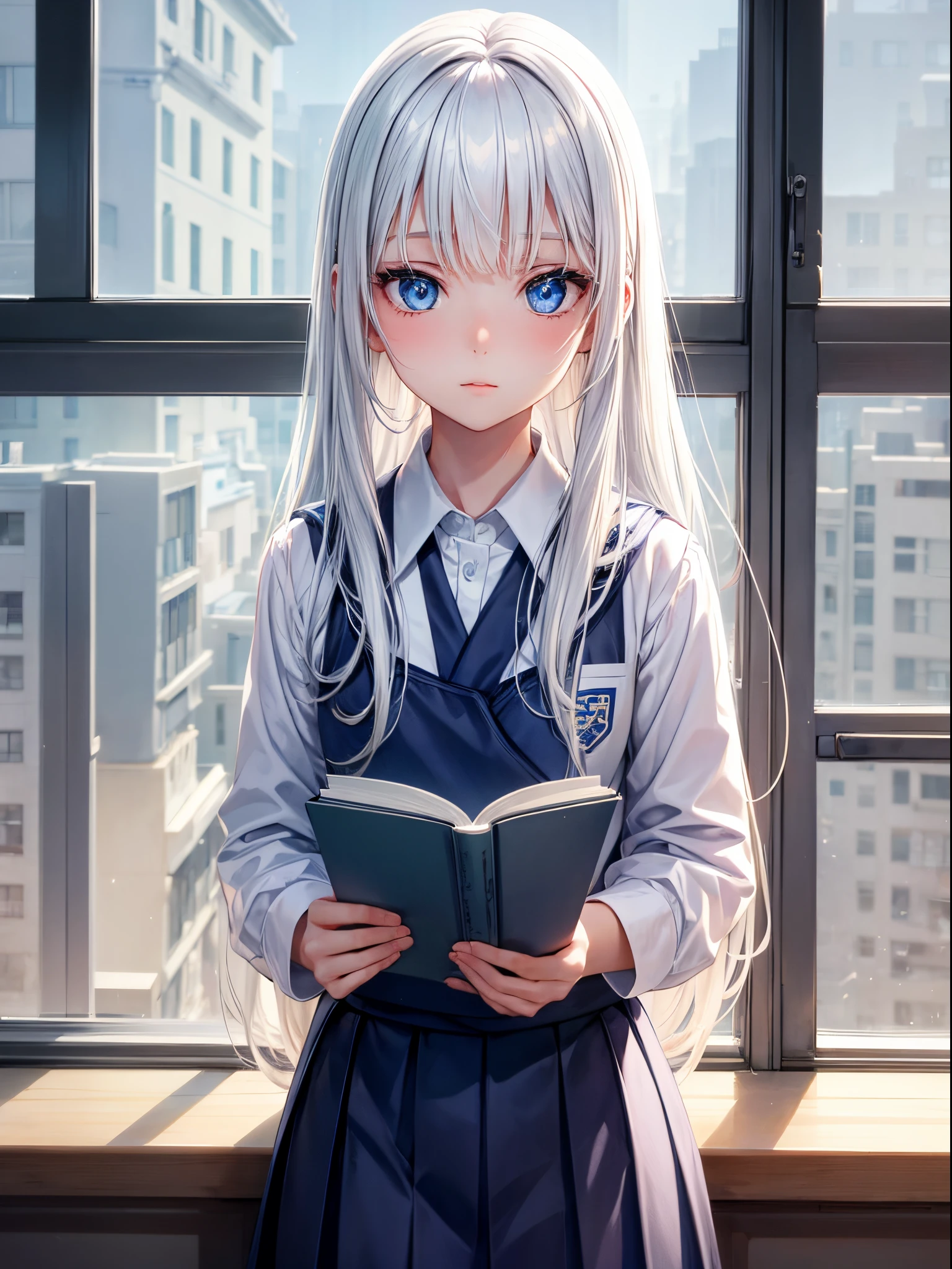 1girl, beautiful, blue eyes,White hair,Write in books,Asian school uniform, school background,Near the window, ultra hd, UHD, realistis, smart blur, smart lighting