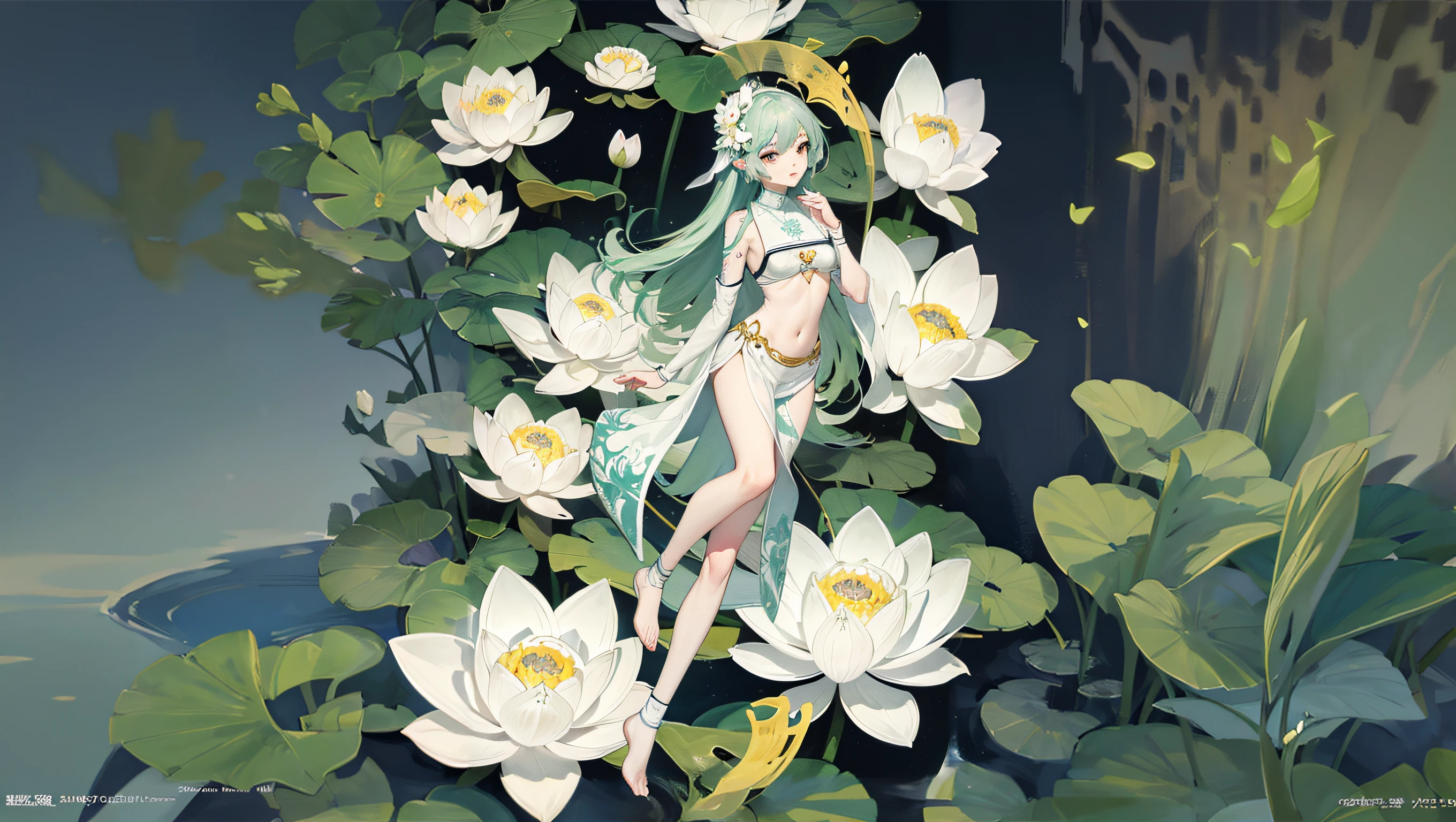 wears a white dress、Anime girl holding a yellow umbrella，In white flower field, spring goddess, standing gracefully upon a lotus, Popular topics on artstation pixiv, anime goddess, Flower God, water lily mechanical water lily, the goddess of summer, goddess of nature, the goddess of summer, Palutena, by Shitao, Official anime artwork