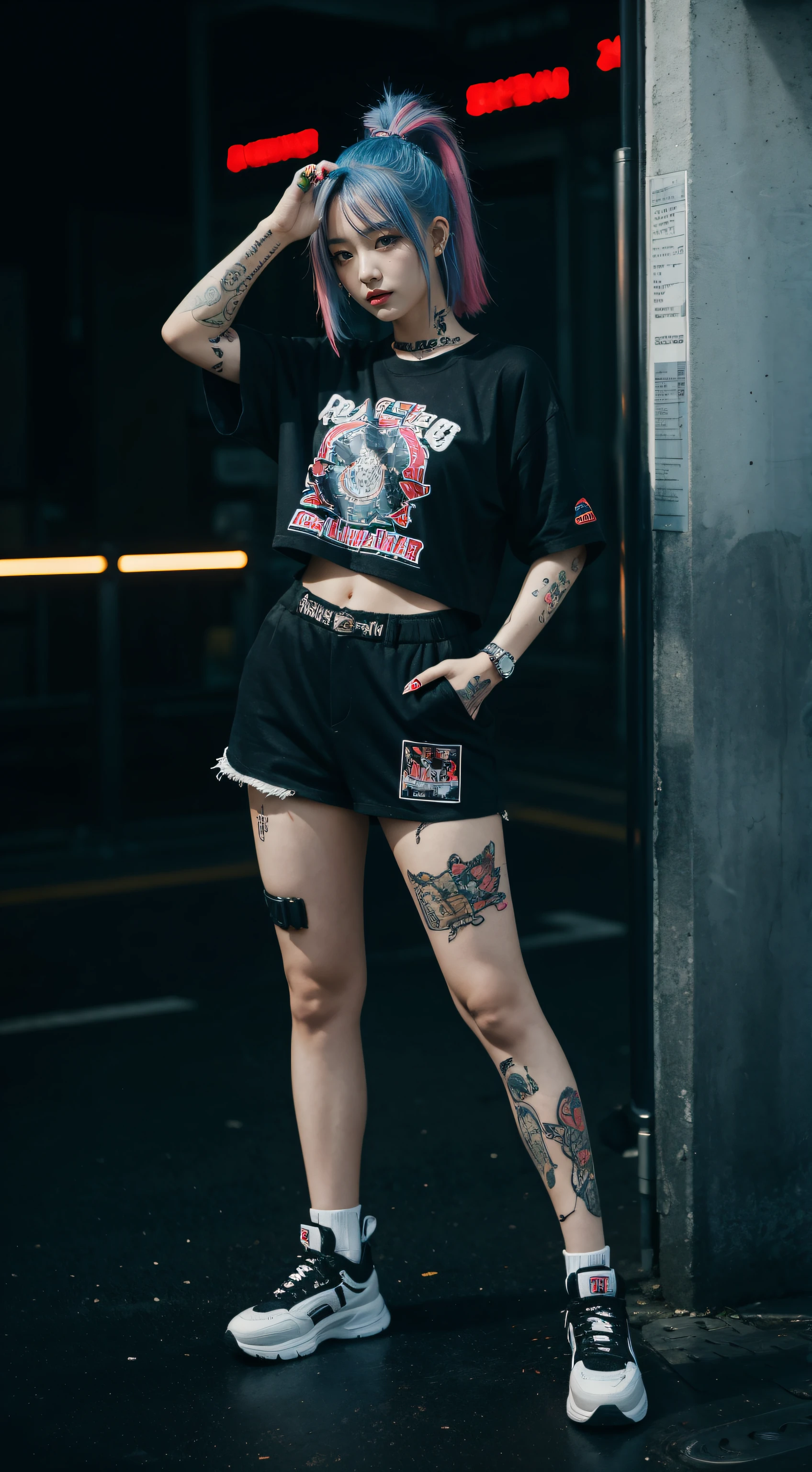 (full bodyesbian:1.25),High Picture Quality,high detal ,Asian people,Girl with colored hair,Tattoos are,rebelliousness,cyber punk style