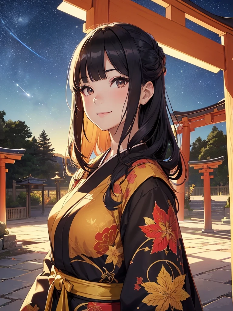 top-quality、Top image quality、​masterpiece、Japan Kimono Girl((20yr old、Best Bust、big bast、Bust 90,Beautiful eyes、,Long Black Hair、A slender、a closeup、Esbian、Beautiful decoration、hiquality、Beautiful Art、Background with((starrysky)))masutepiece、visualart、depth of fields、landscaped gardens、naturey、autumnal、kindly smile、Warm light、Palace gardens、Autumn of autumn leaves、torii gate、shrines