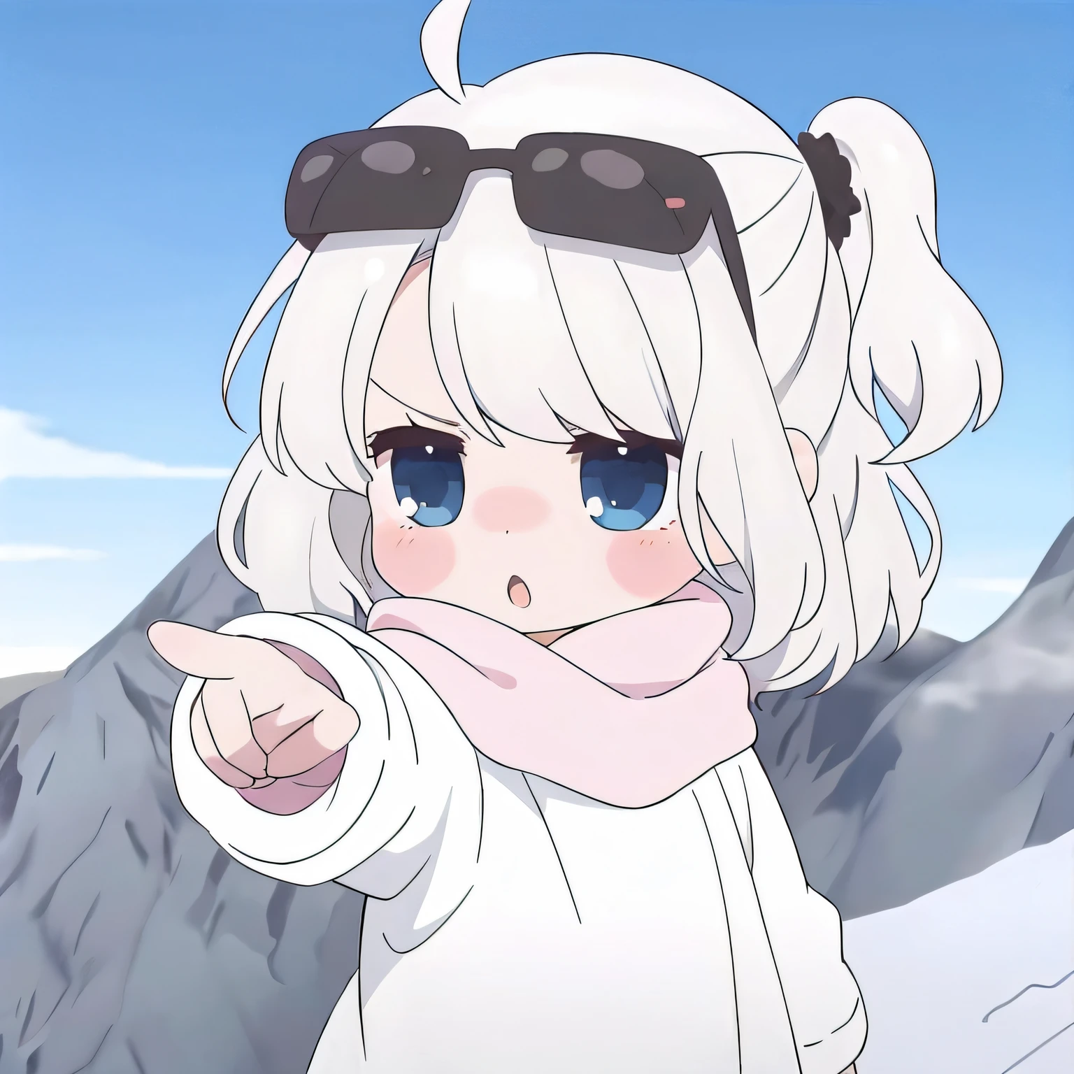 Anime girl wearing sunglasses pointing to something in the distance, Anime visuals of a cute girl, Anime cute art style, small loli girl, cute anime, Curvy little loli, Cute Anime Girls, Miss Qianxue, with index finger, In the snowy mountains, anime visuals, On the deer, a-1 pictures, maintain vaginal position