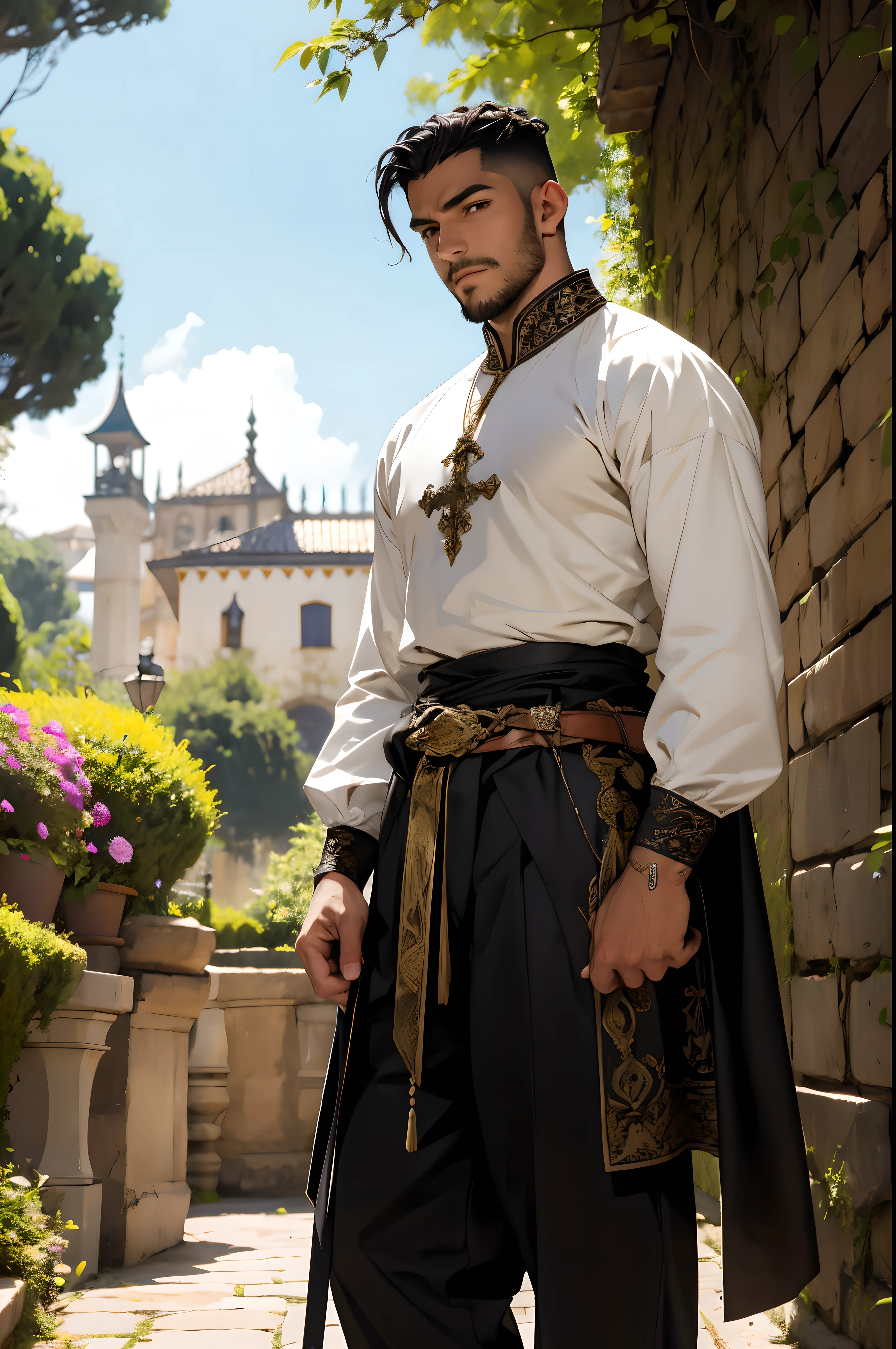 homem, cavaleiro errante, medieval blouse and pants, espada, jardim, cabelo preto, barba