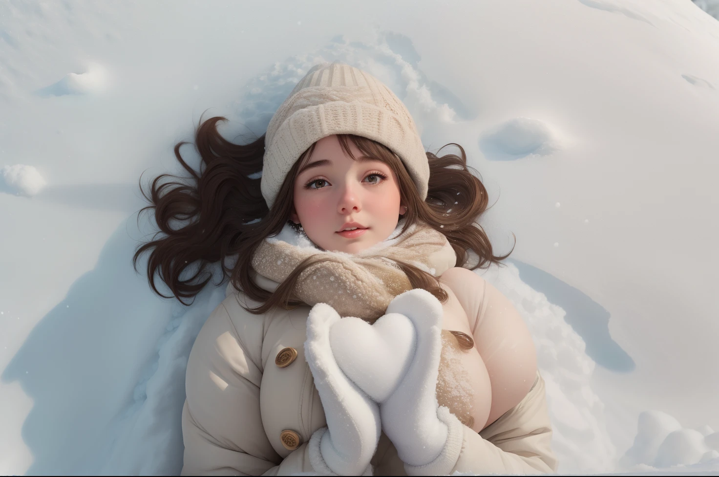 (best quality), big head, (1girl with gigantic breasts:1.3) fat Girl With Brown Hair , White Pale Skin Tone, Woman lying in the snow , Snow heart In hands of woman , wearing Winter Clothing , Snow , Cold , Wearing Gloves , Holding a Heart Love Snow , UHD , 8K