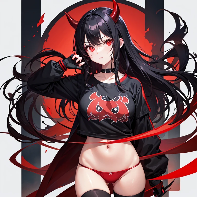 Waifu,ultra hd,red and black hair,demon,demon tail,demon horn,cute,red eye,black glove,normal booba,Red panties Transparent T-shirt