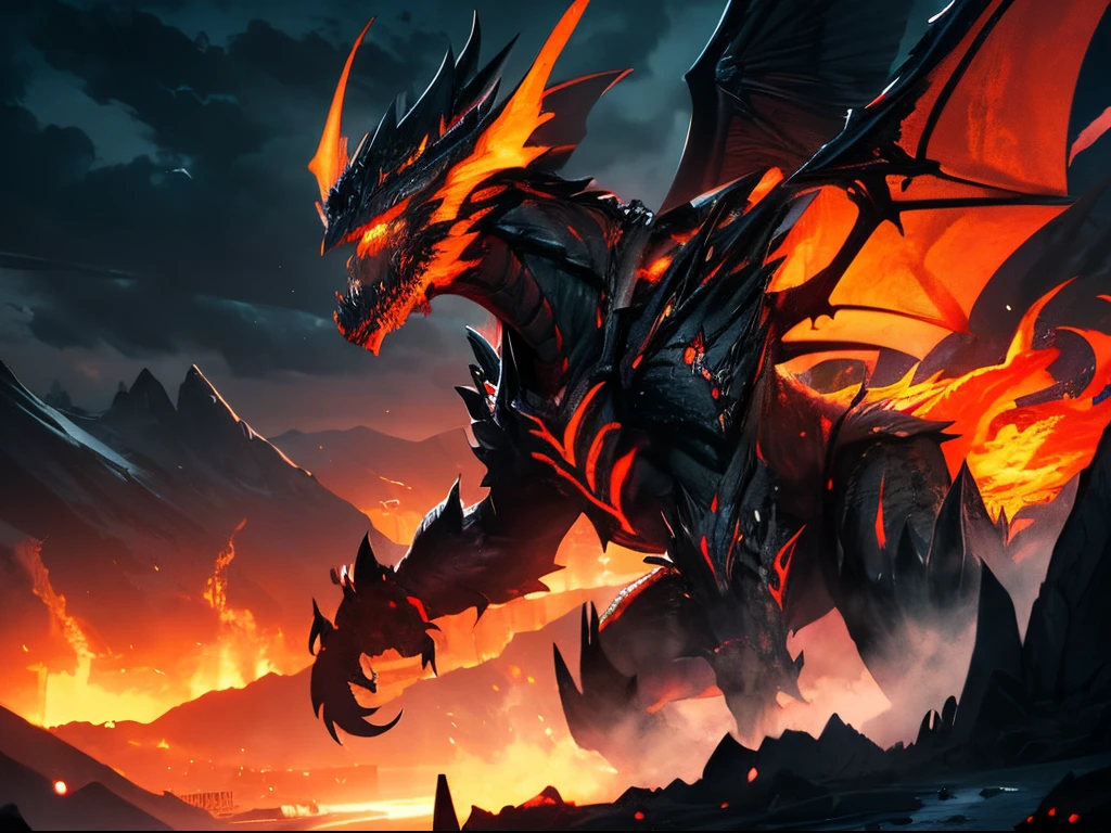 (dramatic,ominous),dark clouds swirling above Eldoria,[Drakonos the Dragon],(best quality,4k,8k,highres,masterpiece:1.2),ultra-detailed,(realistic,photorealistic,photo-realistic:1.37),stormy atmosphere,raging thunder and lightning,ominous shadows,ancient castle,dramatic stormy skies,imposing silhouette of Drakonos the Dragon,scaly skin,glowing fiery eyes,sharp claws and teeth,incredible wingspan,crackling electric energy,citizens of Eldoria hiding in fear,towering mountains in the backdrop,surreal red and orange hues,vivid colors,bokeh
