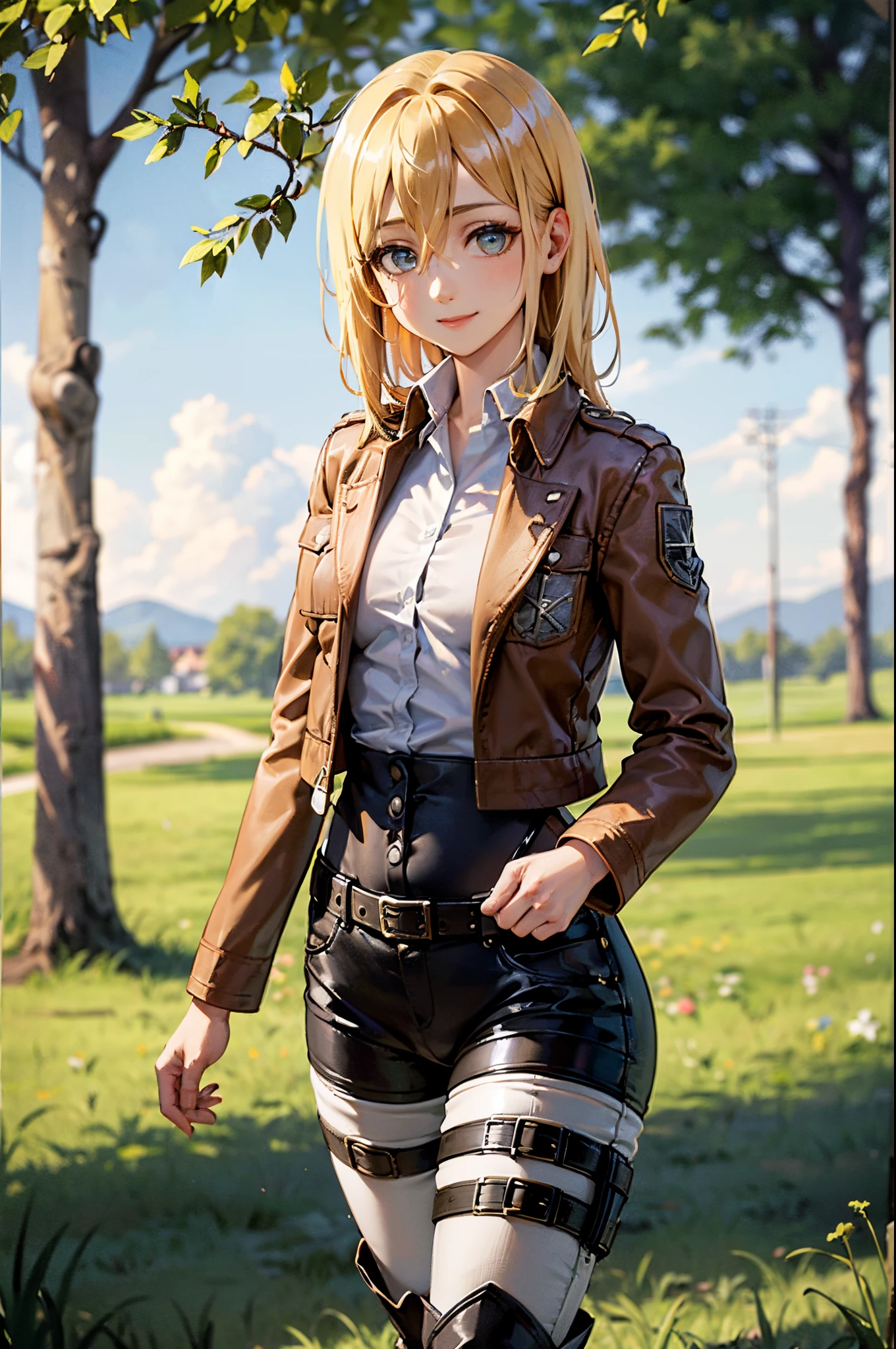 upper body, portrait, (masterpiece), best quality, expressive eyes, perfect face, highres, (8k), (perfect face), (ultra details), pikkyhistoria, 1girl, solo, looking at viewer, blonde hair, hair between eyes, short hair, long hair, blue eyes, jacket, paradis military uniform, pants, shirt, brown jacket, belt, white pants, long sleeves, emblem, open jacket, collared shirt, open clothes, thigh strap, boots, white shirt, standing, field, grass, trees, smile