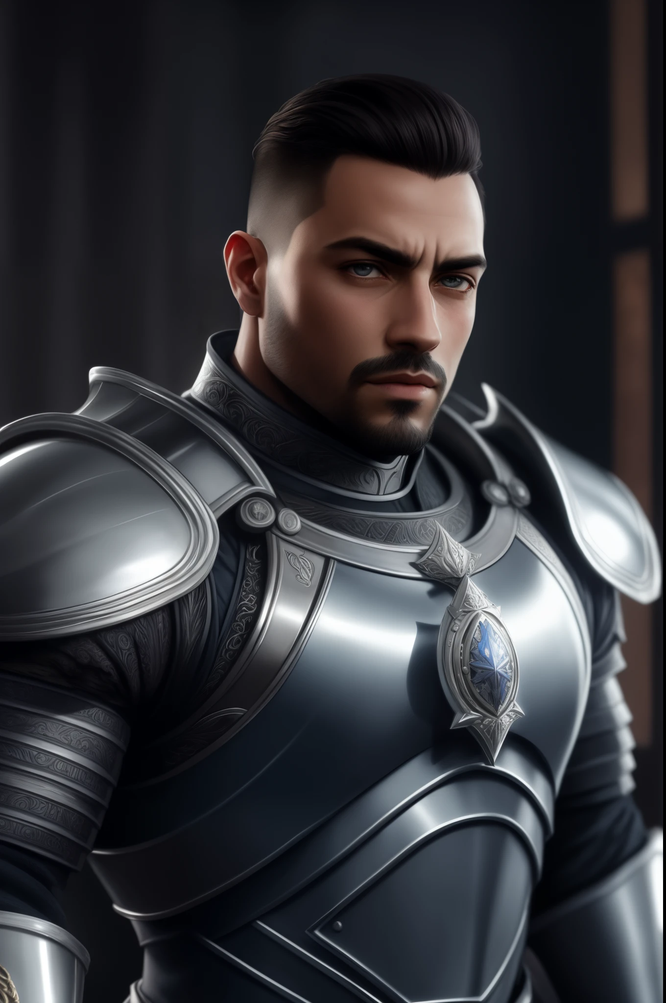 um close up de um homem em um terno de armadura, inspirado em Rajmund Kanelba, Arsen Lupin como um paladino, um paladino masculino humano, retrato do personagem da fantasia, cavaleiro da fantasia forte, Retrato do cavaleiro, personagem de fantasia octane render, Paladino masculino, irreal 5. retrato de rpg,photorealism, hdr, image background depth, adjust eye, improve armor metal color