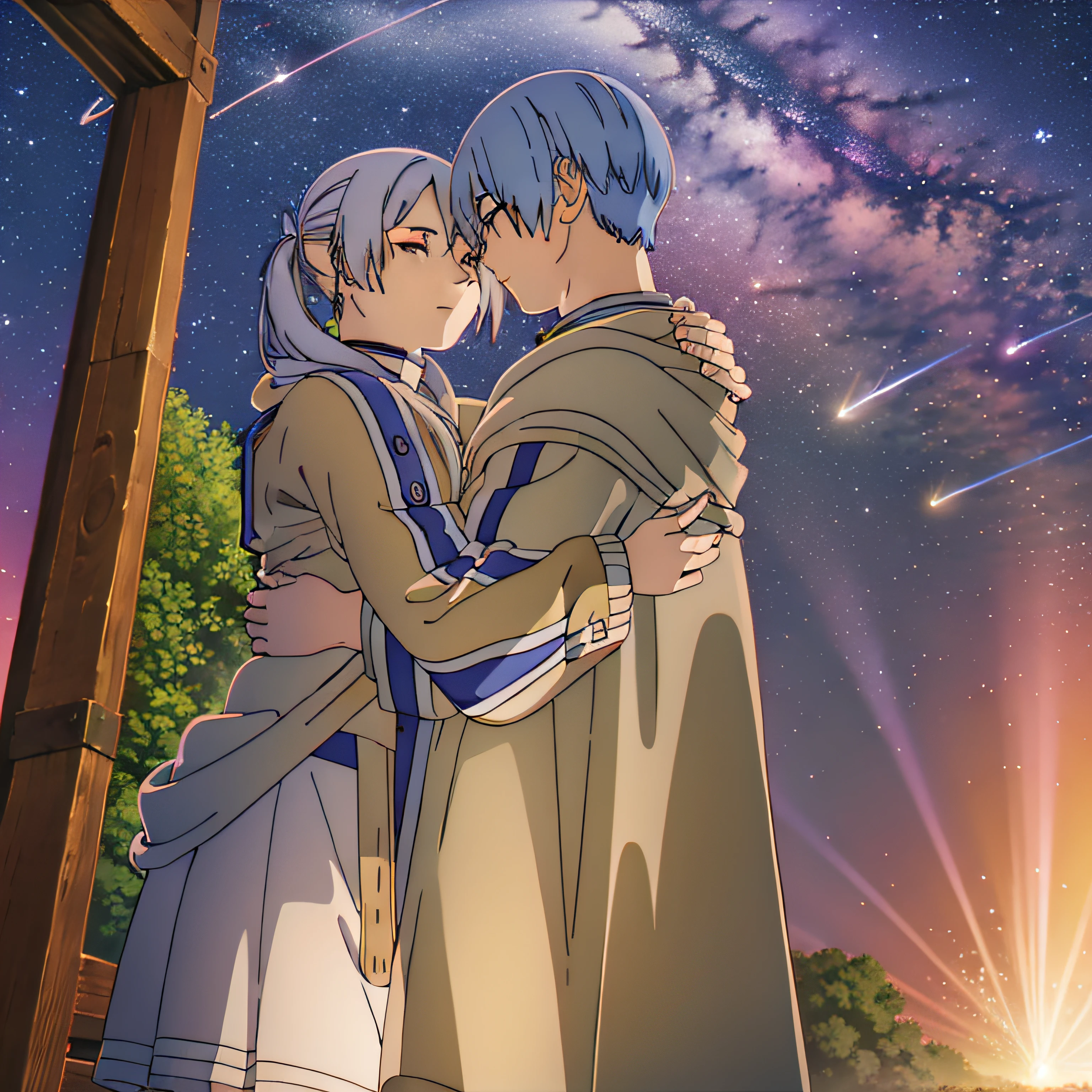 ((frieren)) and ((Himmel)) hugging, in fronto of a lake, nighttime, meteor shower, masterpiece, best quality, hdr, ultra-detailed