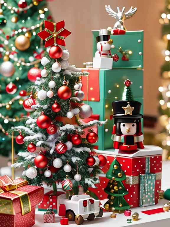 There is a Christmas tree,Inside there are nutcrackers and christmas cards, hight decorated, Christmas tree, decor, Sparkling silver jewelry, 🕹️ 😎 🔫 🤖 🚬, Silver red and white details, art toys on a pedestal, Shot with Sony alpha 9, Detailed picture, Happy!!!, candy decorations, an enormous silver tree, Renovation completed