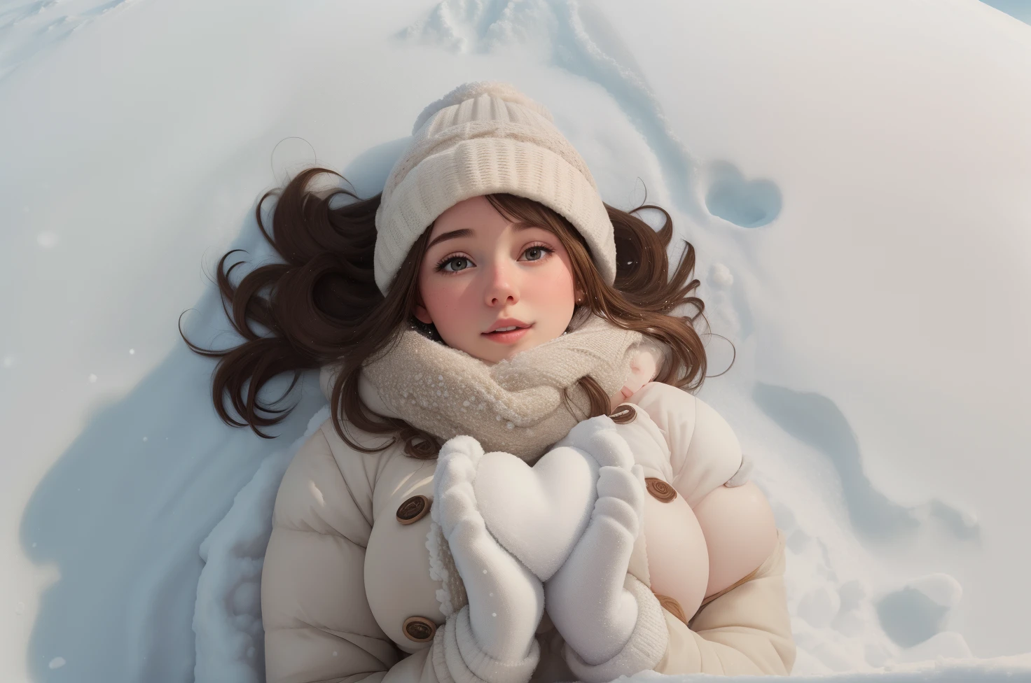 (best quality), big head, (1girl with gigantic breasts:1.3) fat Girl With Brown Hair , White Pale Skin Tone, Woman lying in the snow , Snow heart In hands of woman , wearing Winter Clothing , Snow , Cold , Wearing Gloves , Holding a Heart Love Snow , UHD , 8K