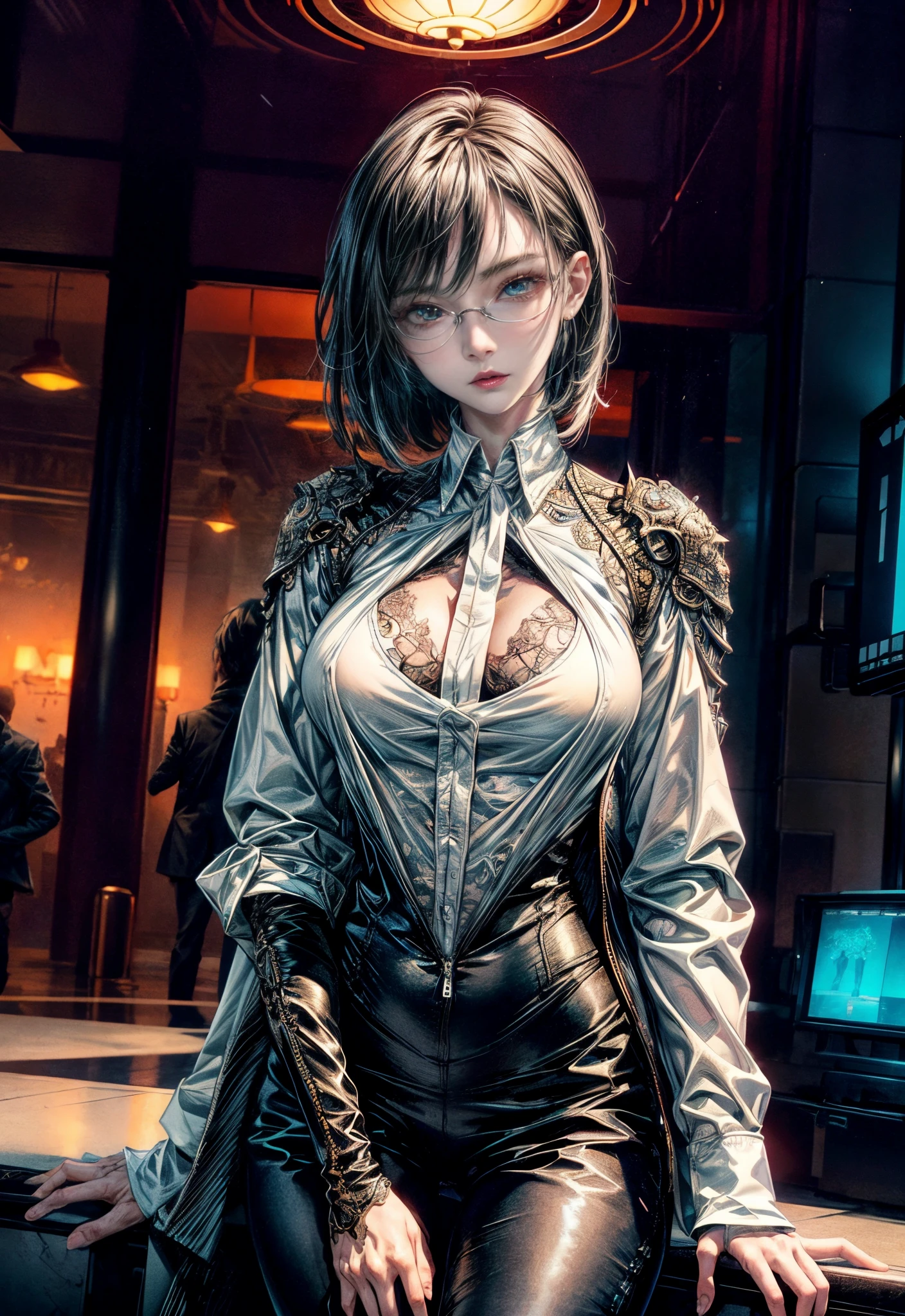 Cinematic lighting,super detailed skin、Beautiful detailed eyes、Best Quality,cyberpunked,(Alternative、dim colors, Soothing tones、Perfect Anatomy:1.3),NSFW(1beautiful woman、Detailed beautiful facial features:1.3)（black hair shorthair、eye glass:1.5）(well-shaped breasts、White shirt、Black Satin Suit Slacks:1.2).A dark-haired、eye glass（black formal jacket:1.3）hands in the pocket、arms in arms（First revealed:1.6）（Dynamism:1.4）airport、natta。jpn