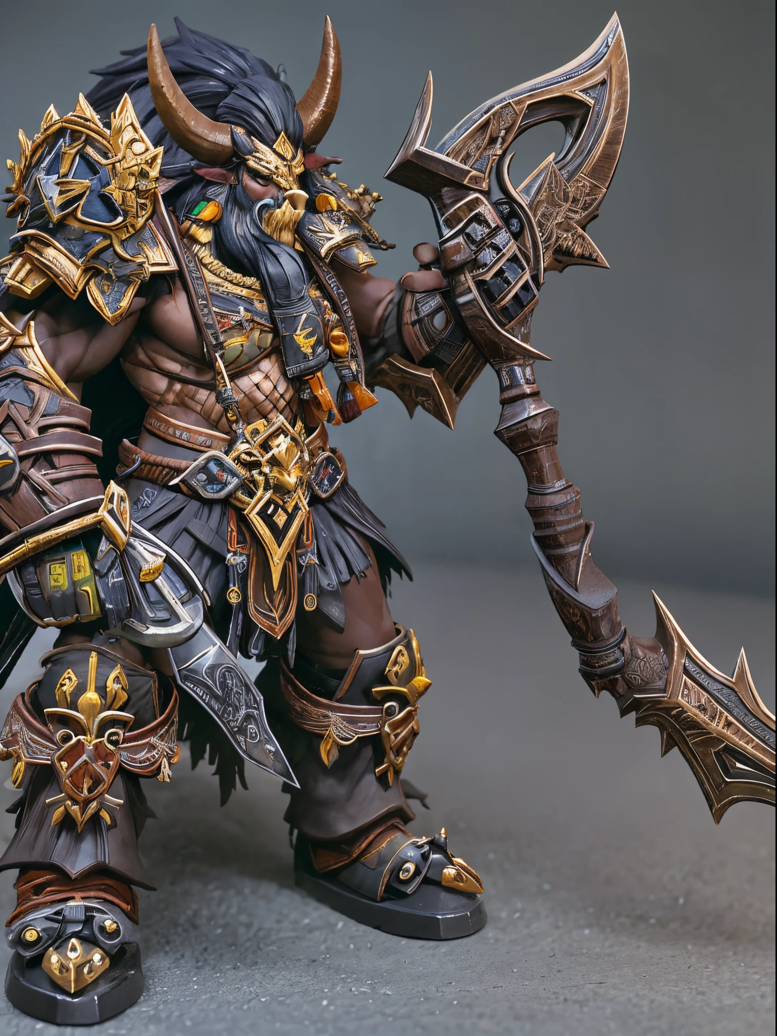 world of warcraft，Tauren warrior holding Gorehowl，Stand up，Resin material，Figures，Models，toys，Black base，Advertising shooting，commercial scenery，