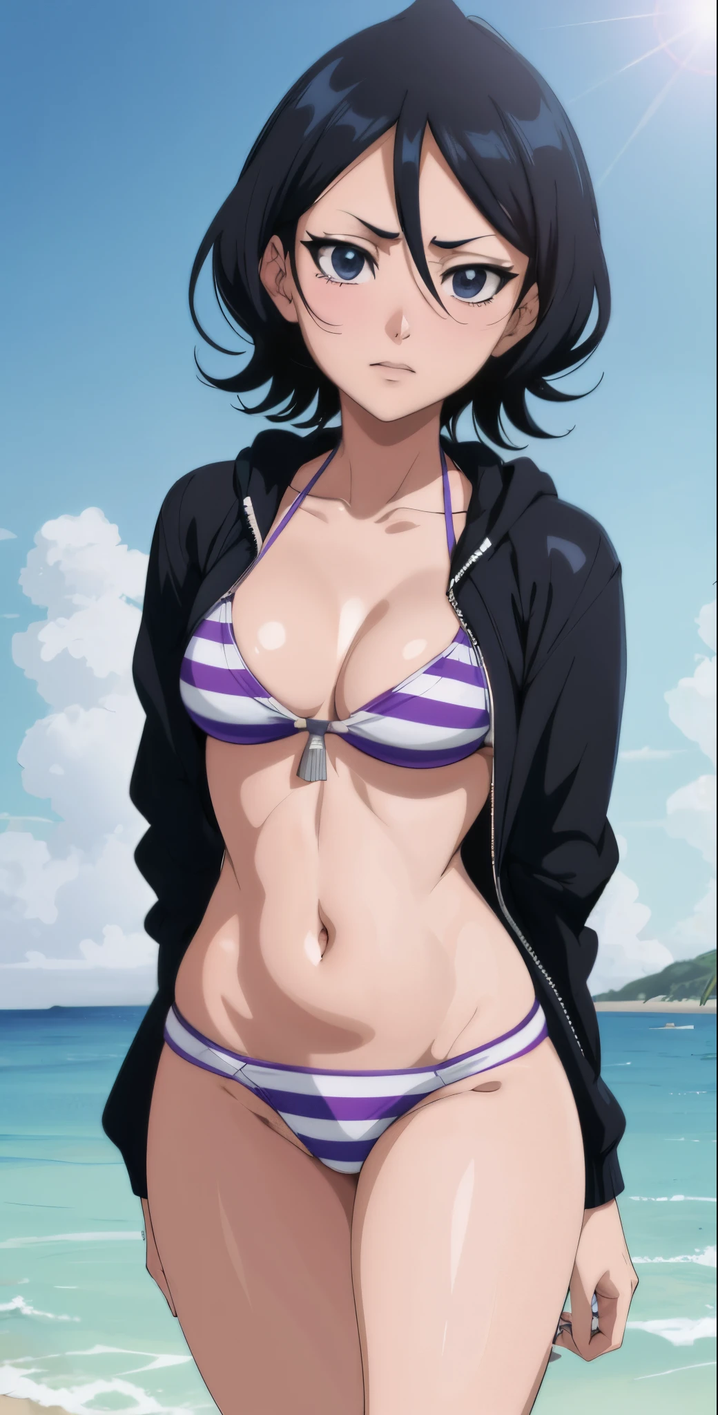 uma mulher de rukia Bleach, bikini standing on a beach next to the ocean, anime sedutora, Junko Enoshima, Fubuki, Kotegawa Yui, Mayuri Shiina, Yata Hana, Ayami Kojima Amano, Mai Yonyyama, Yuuka Kazami, Marin Kitagawa Fanart, Realistic bikini, cores vivas