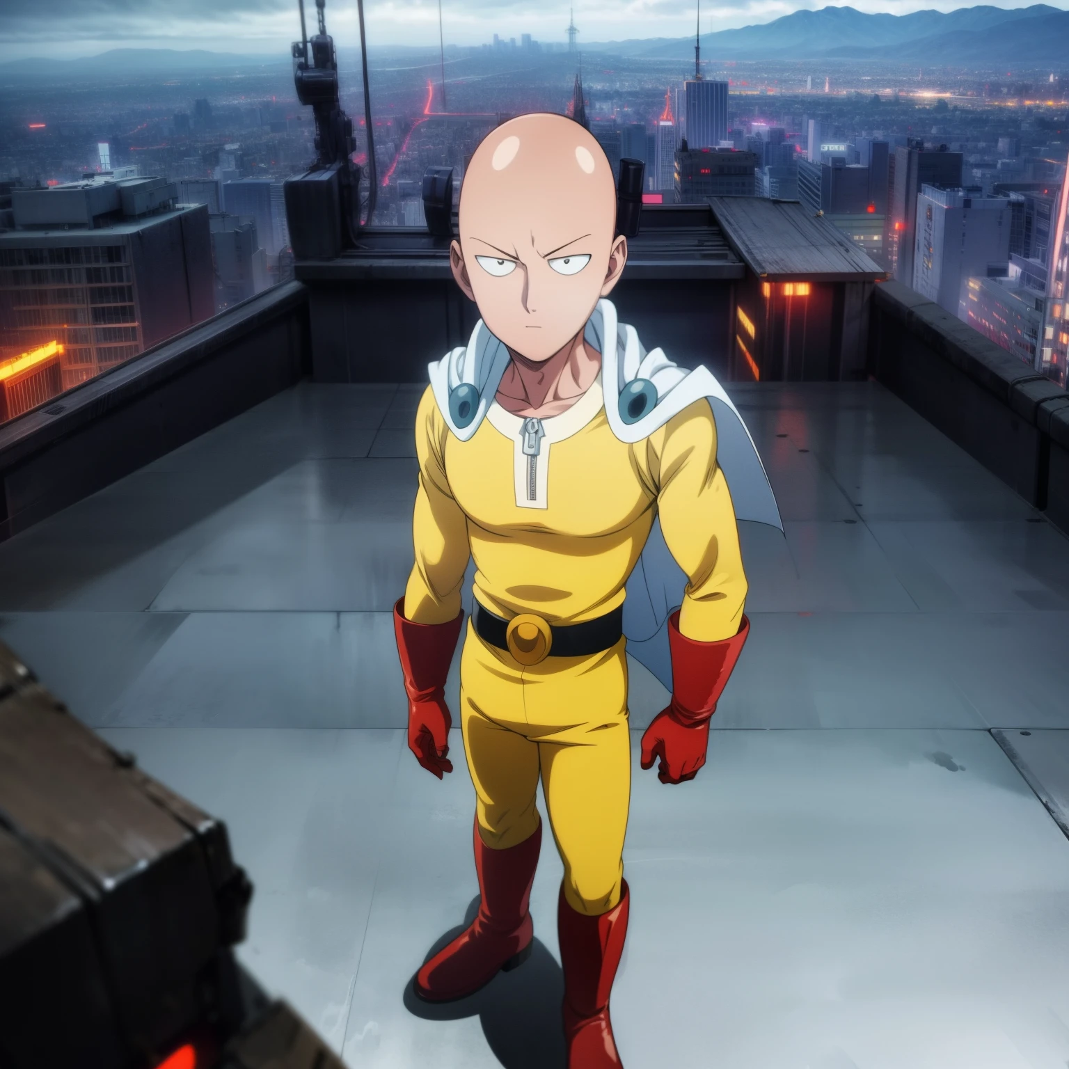 (Saitama from one punch man), masterpiece, best quality, 1boy, (saitama), bald, black eyes, red boots, red gloves, yellow clothes, white cape, standing, anime smile, angry face, aura power, day, natural light, flying, angry eyes, ((evil face)), male focus, strong muscles, movie composition, bokeh, (futuristic), (full body), city view, ((standing on building)), above the city, scary look, godly strenght, ((muscular)), angry, killer mode, ((High quality: 1.9)), 4k, ultra HD