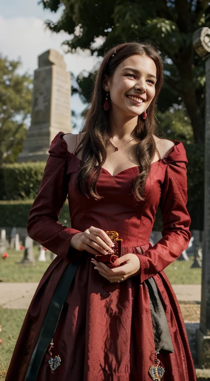 woman medieval in red princess dress, in the cemetery cigarette, wearing red and black bead thread, big ruby ring and laughing holding trident
