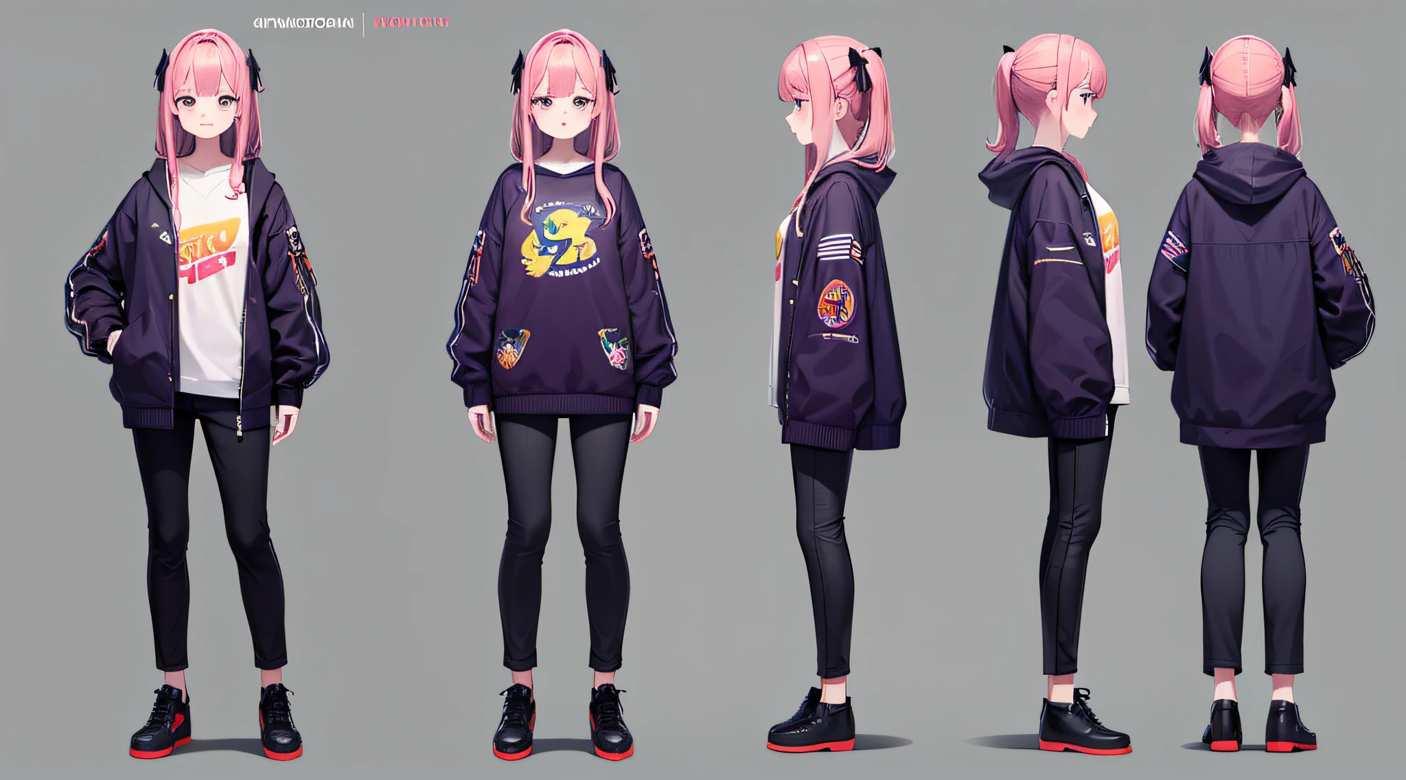 full body three views,IP image rendering,front view of people,character side view,character rear view,Cute little girl s,Gorgeous long purple hair,Bow hairpins,striped sweater,Cartoon animals printed on it,shorter pants,Bubble matte style,exquisite detailing,8K.