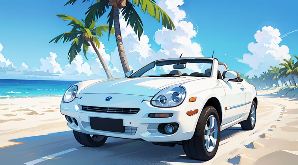 sand beach, palm tree, summer blue sky, (((white convertible car)))