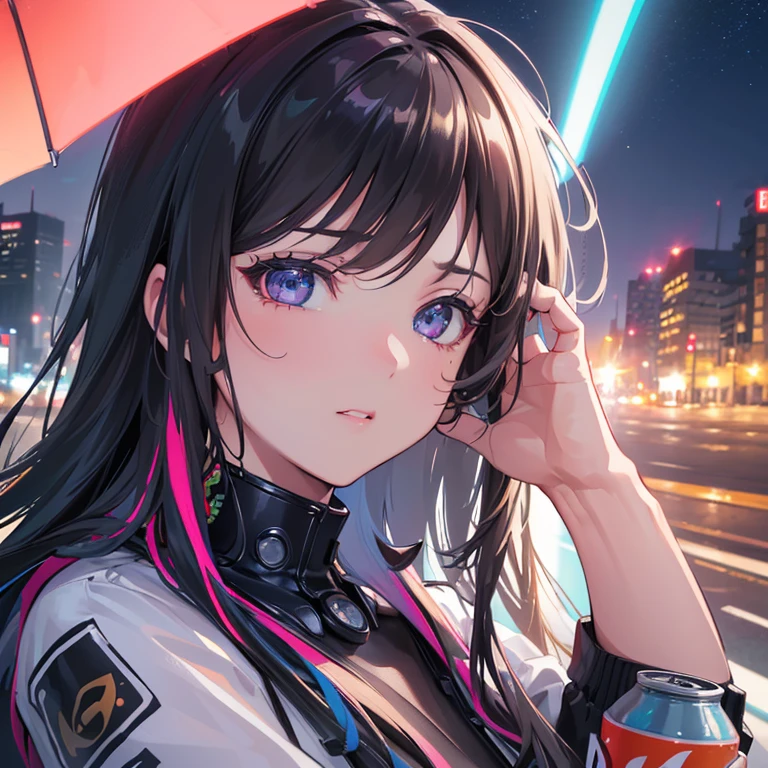 (best quality,4k,8k,highres,masterpiece:1.2),ultra-detailed,(realistic,photorealistic,photo-realistic:1.37),illustration,closer look,night scene,vibrant colors,neon lights,bust-up view,girl with intense expressions,cityscape,energy drink.