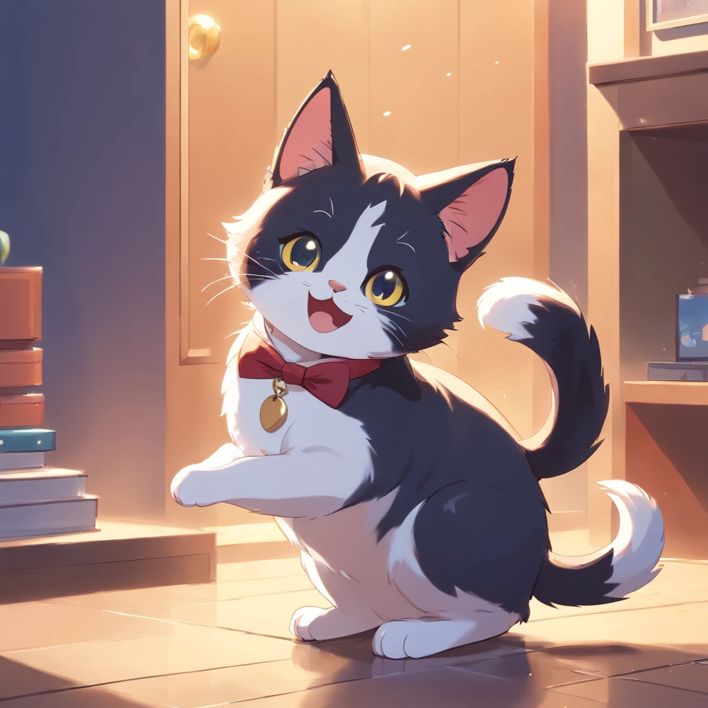 Cute isometric cat emoticon, tuxedo jack, black and white cat, Fluffy and cute,Kitten stands up kitten waving paws