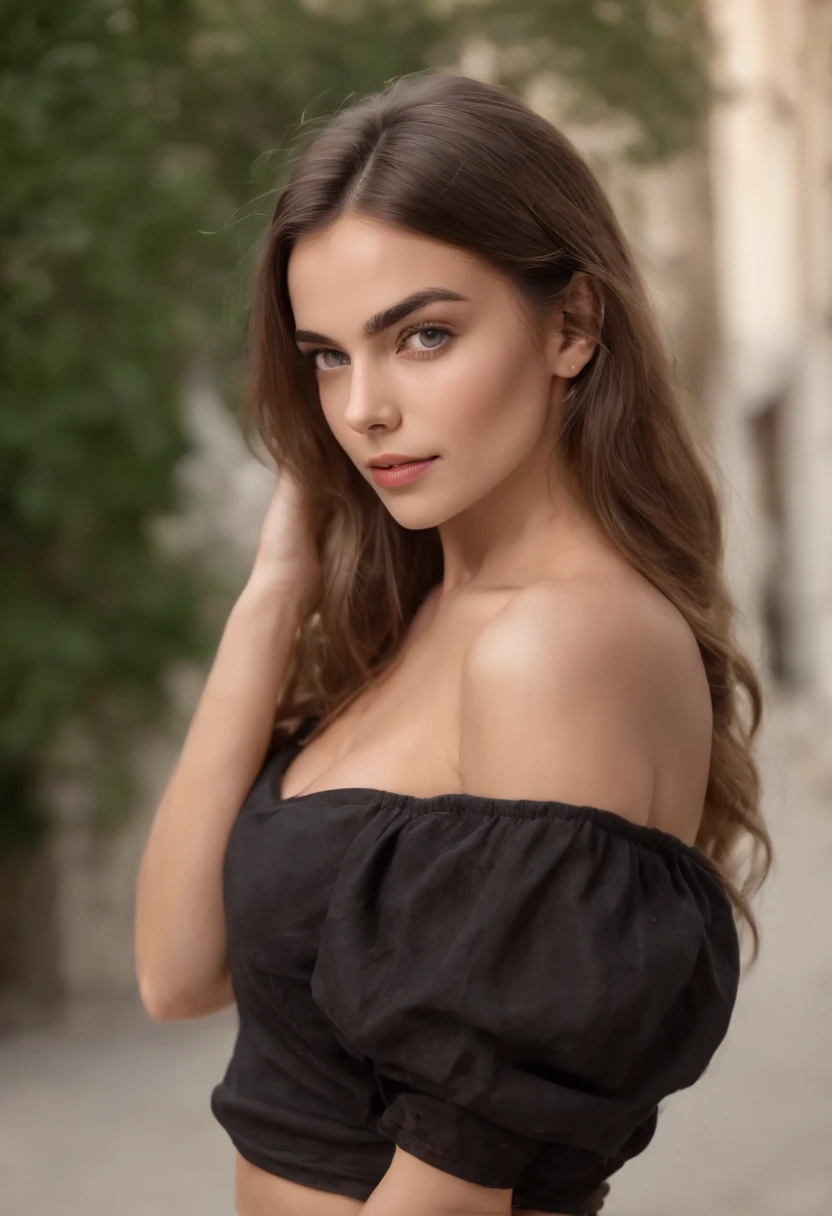 Arafed woman with black clothes, latina, fille sexy aux yeux bruns, Portrait Sophie Mudd, cheveux bruns et grands yeux, selfie of a young woman, levre pulpeuse , Yeux de chambre, Violet Myers, sans maquillage, maquillage naturel, looking straight at camera, Visage avec Artgram, Maquillage subtil, Superbe photo du corps entier, on a balcony with mountains behind her, clivage , debout sexy