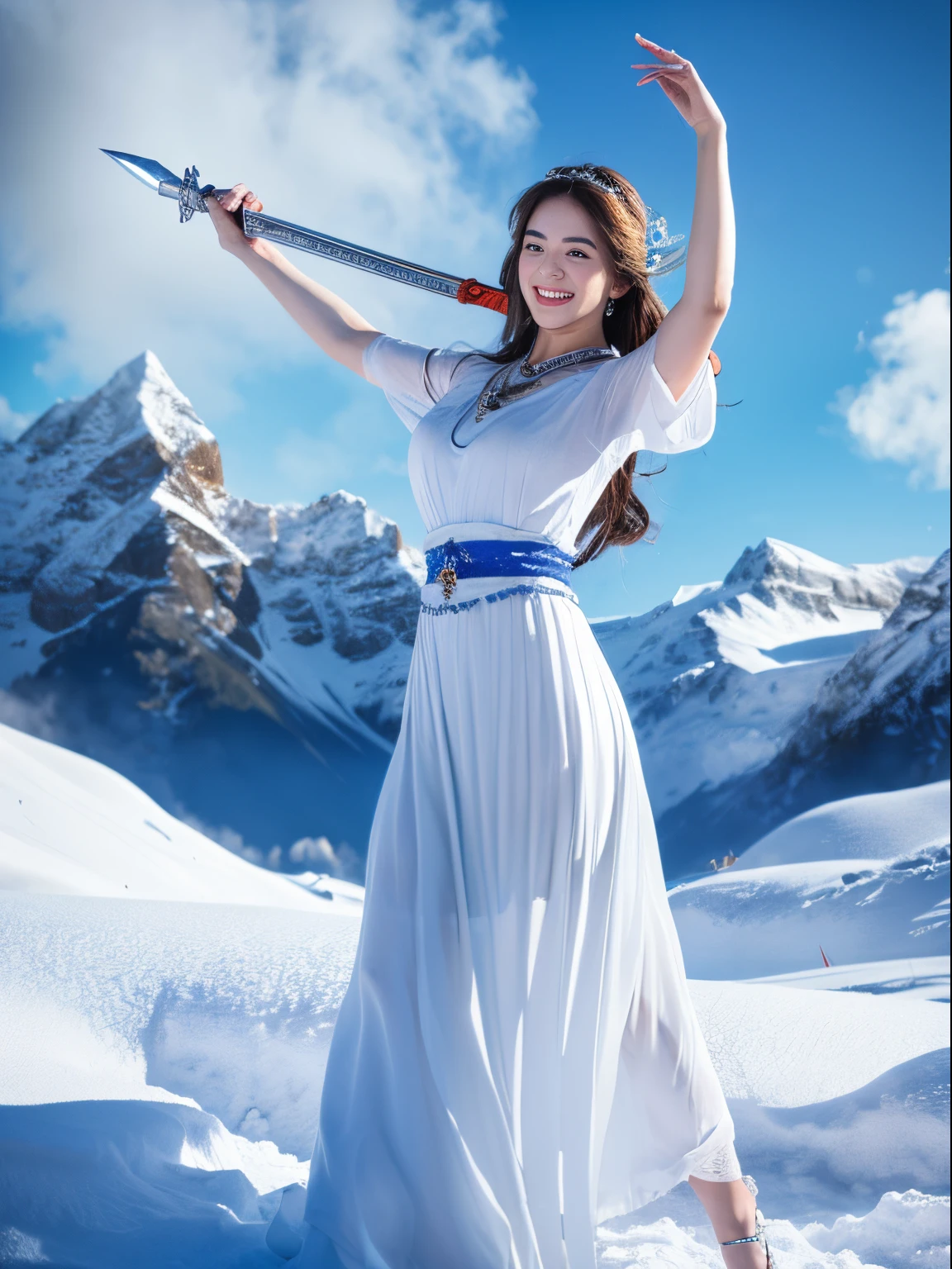 Ultra high-definition images,snow mountains, Sword with cold ice flame of woman in ancient style, Hold the sword that burns the blue flame, White clothes dancing swords in the snow Flowing long hair, Beauty with a silver longsword, Wearing jade jewelry, a confident smile on her face, She floats in the clouds like a fairy, Behind her is a layer of mountains