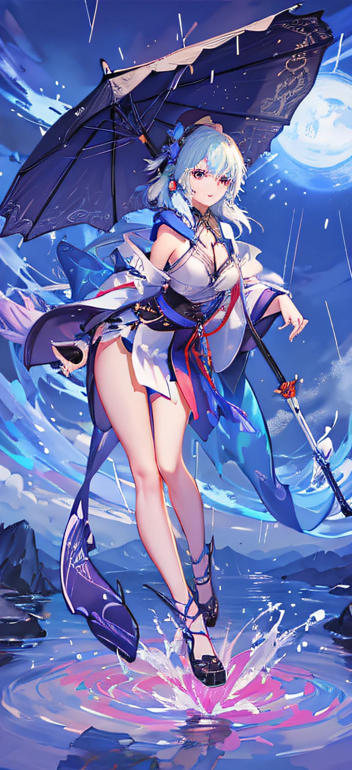 Anime girl flying in the air with an umbrella in the rain, beautiful attractive anime woman, Japan goddess, seductive anime girls, guweiz, Popular topics on cgstation, author:heroes, A beautiful artistic illustration, Rosdrus Sakimicchan, full body xianxia, G Liulian art style, Guviz-style artwork,Standing on the street on a rainy night looking at the camera。Rainy night atmosphere at night,in harmony with