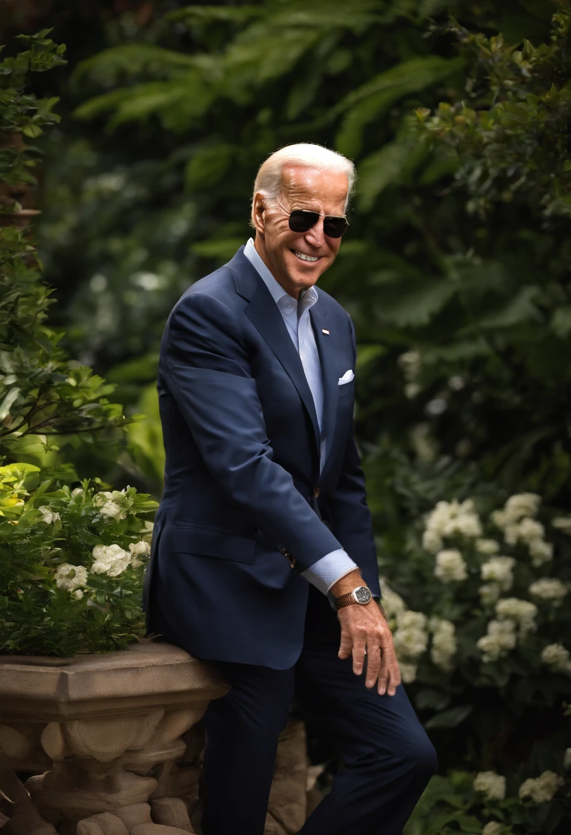 A photo of Joe Biden peacefully birdwatching in a serene garden,original, Joe Biden, the President of the United States, is typically seen in a suit and tie, often with a smile and aviator sunglasses, which have become somewhat of a trademark look for him. He has white hair, blue eyes, and is known for his friendly demeanor., male