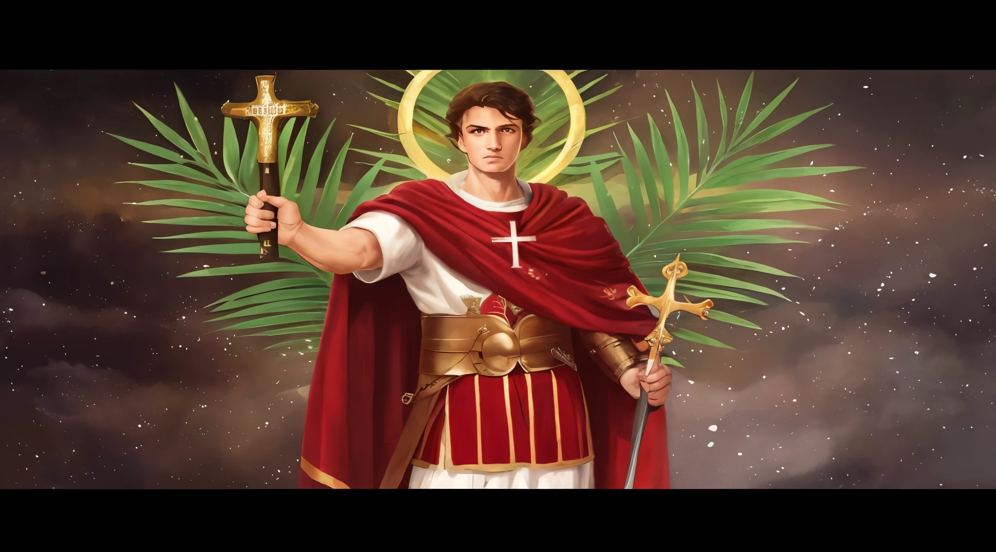 um homem com uma capa vermelha segurando uma cruz e uma folha de palmeira, Santo Cruzado Medieval, Santo cruzado medieval, cavaleiro medieval cruzado sagrado, cruzado sagrado, cavaleiro cruzado sagrado medieval, inspired by Caesar Andrade Faini, segurando uma espada longa | divino, inspirado no Mestre da Lenda de Santa Luzia, caesar victorious, NPC com halo de santo