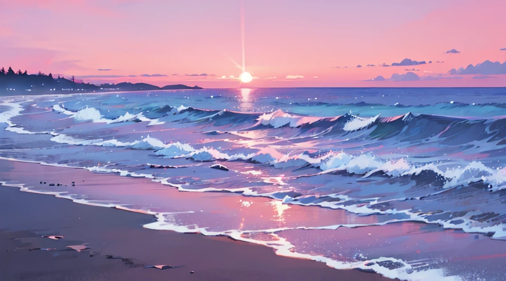 silhouette, seaside, pink sky, blue neon