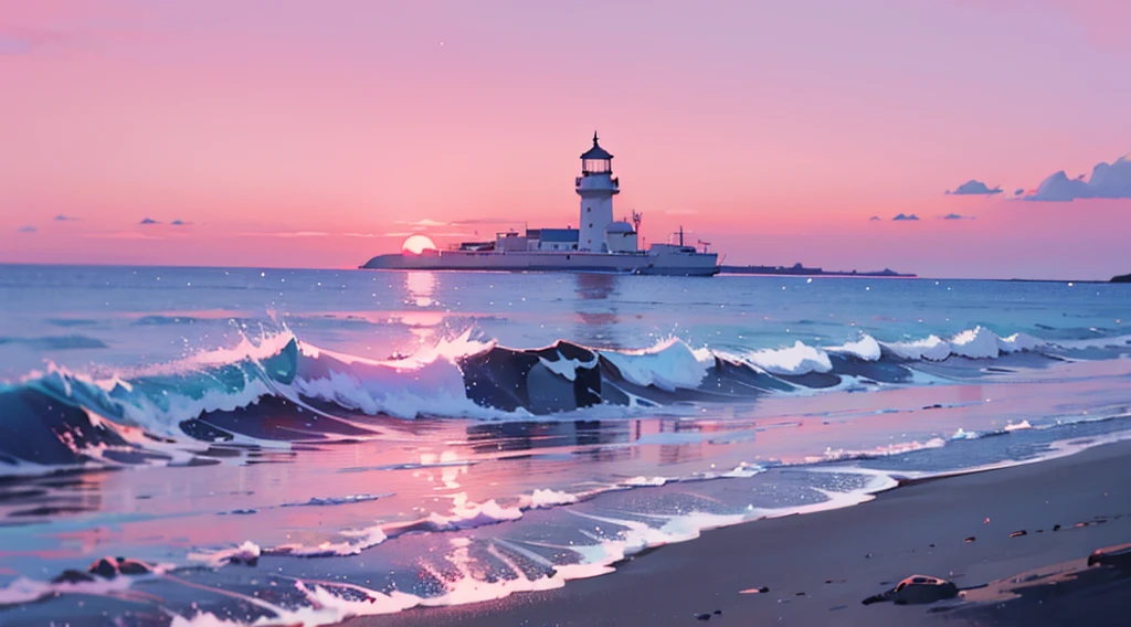 silhouette, seaside, pink sky, blue neon