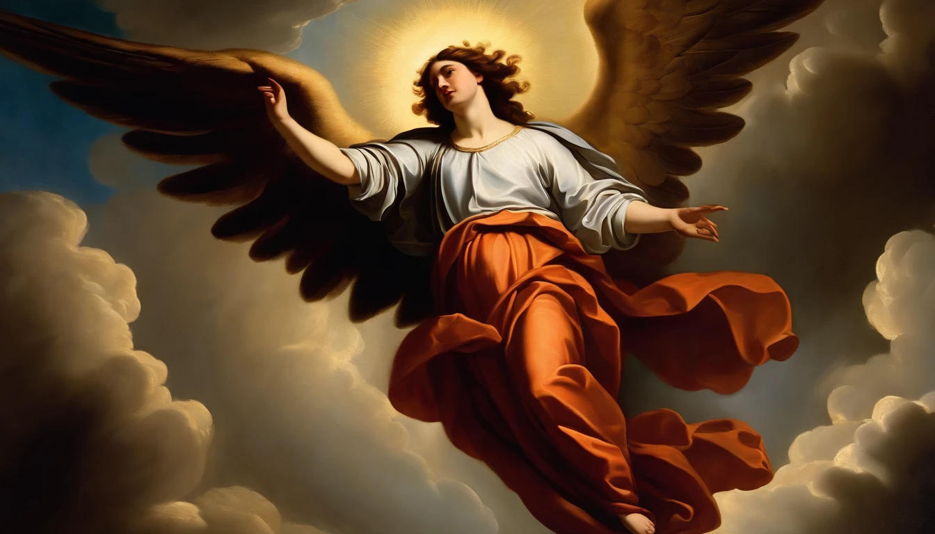 an oil painting, a person々angel man descending from heaven to meet, A breathtaking masterpiece, Vivid, ornate, Caravaggio, 8K final judgment