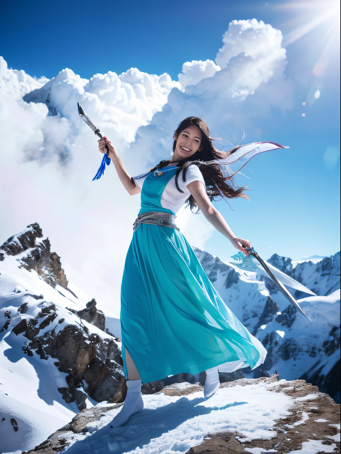 Ultra high-definition images,snow mountains， Sword with cold ice flame of woman in ancient style, Hold the sword that burns the blue flame, White clothes dancing swords in the snow Flowing long hair, Beauty with a silver longsword, Wearing jade jewelry, a confident smile on her face, She floats in the clouds like a fairy, Behind her is a layer of mountains