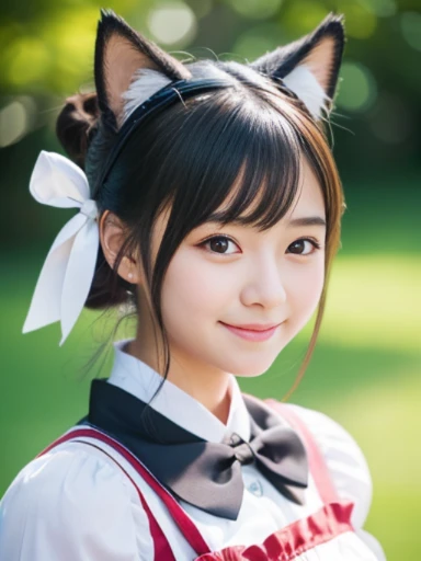 beautiful Japanese student with maid costume,(),smile,bun hair,,with cat ear,no makeup,ultra cute, transparent eyes, adorable charm, elegance,photorealistic,(best quality:1.0), (ultra highres:1.0) ,(photo realistic:1.0), (ultra detailed:1.0), (8k RAW photo:1.1)