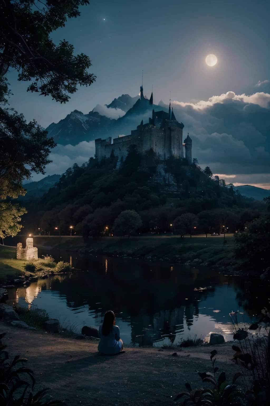 "Create a cinematic-quality image with advanced effects. A cena deve retratar uma pessoa sentada delicadamente na lua, com um majestoso castelo ao fundo situado no topo de uma montanha. O castelo deve ser iluminado por uma luz suave, magic light. Ao redor da montanha, There must be some trees contributing to the mysterious and enchanting atmosphere of the scene. A paleta de cores deve refletir a tranquilidade da noite, enfatizando tons de azul e prata. Certifique-se de que a imagem tenha qualidade visual excepcional e detalhes impressionantes."