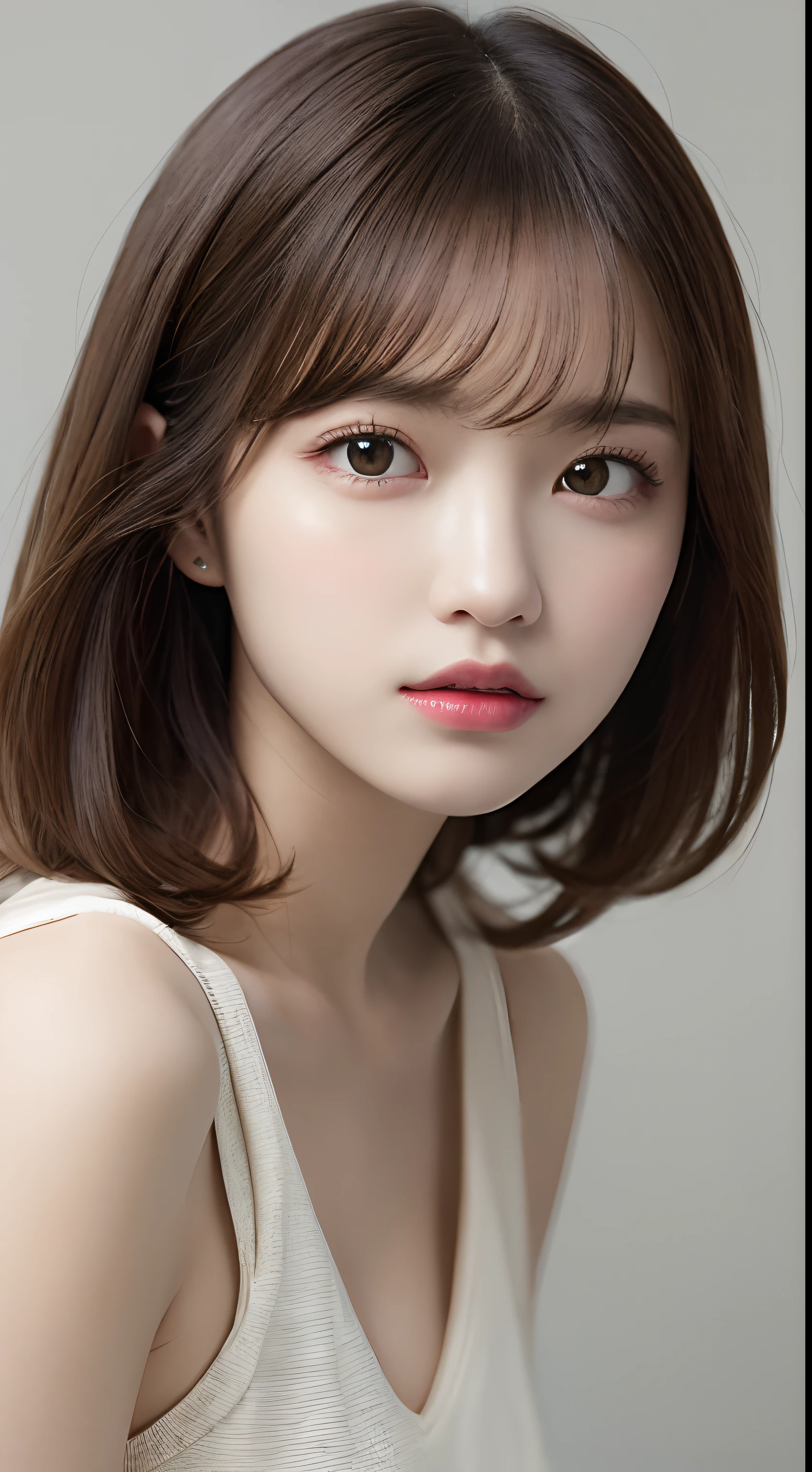 finely detailled, A high resolution, high high quality、Perfect dynamic composition, 美丽细致的眼睛, Medium hair, small tit、Natural color lips,Shangming、Shibuya、20岁女孩、1人、Clear skin、glowing hairs、On the table, Best quality at best, illustratio, ultra - detailed, finely detailled, A high resolution, 8K、The correct state of the human body、Crouch down、pretty pose,messy  hair,beautifullegs,Perfect and Beautiful Face,KPOP idol face