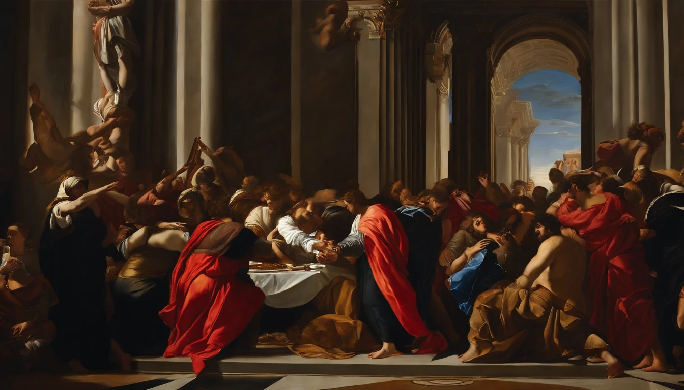 an oil painting, come down from the sky, A breathtaking masterpiece, Vivid, ornate, Caravaggio, 8K,Final judgment,angelicales,Lots of people,