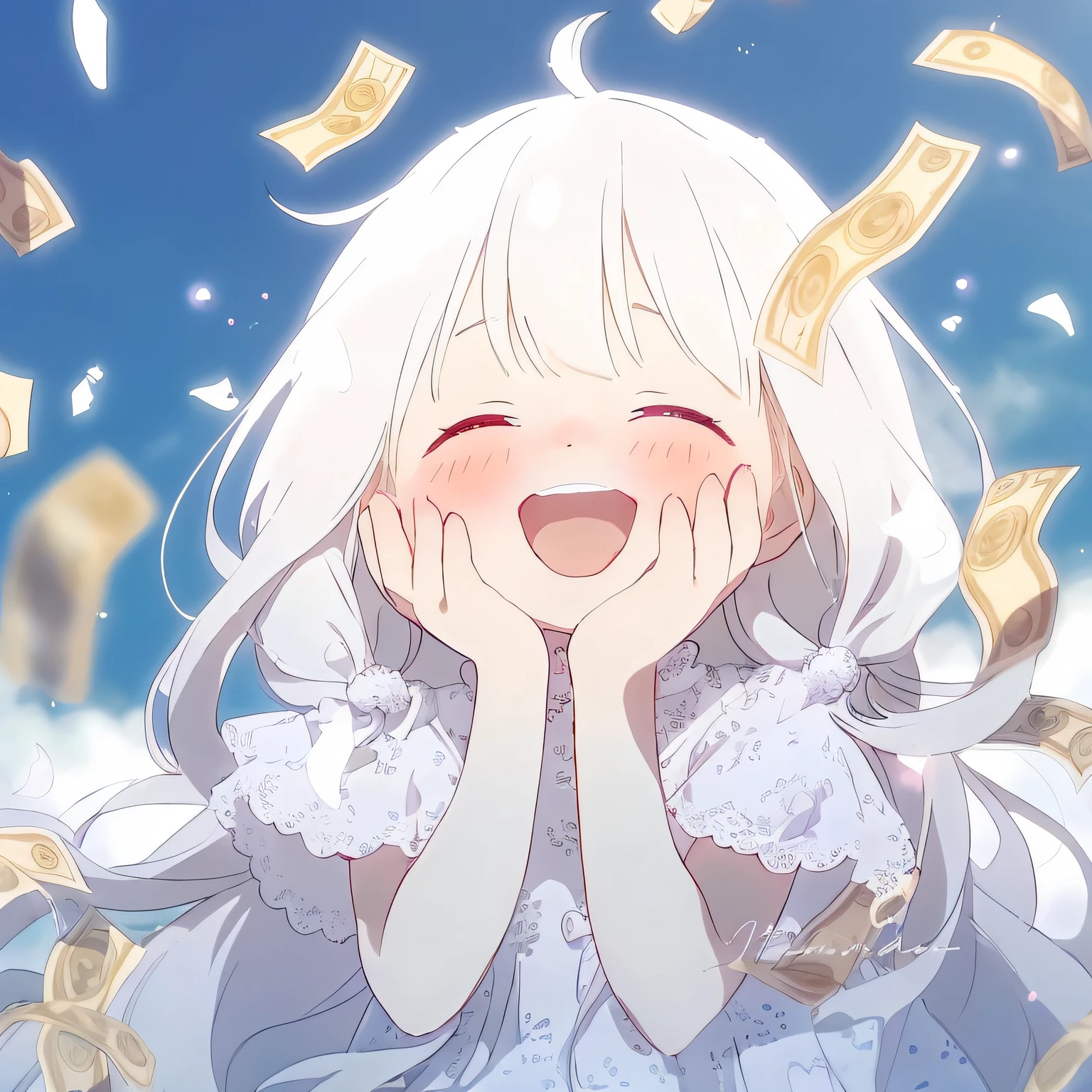 Anime girl with white hair and blue eyes smiling in front of money, splash ink art anime ****, Anime visuals of a cute girl, white-haired god, change, White hair floating in the air, Girl with white hair, exciting illustration, Pixiv Contest Winner, guweiz on pixiv artstation, Curvy little ****, Smile like a fairy queen