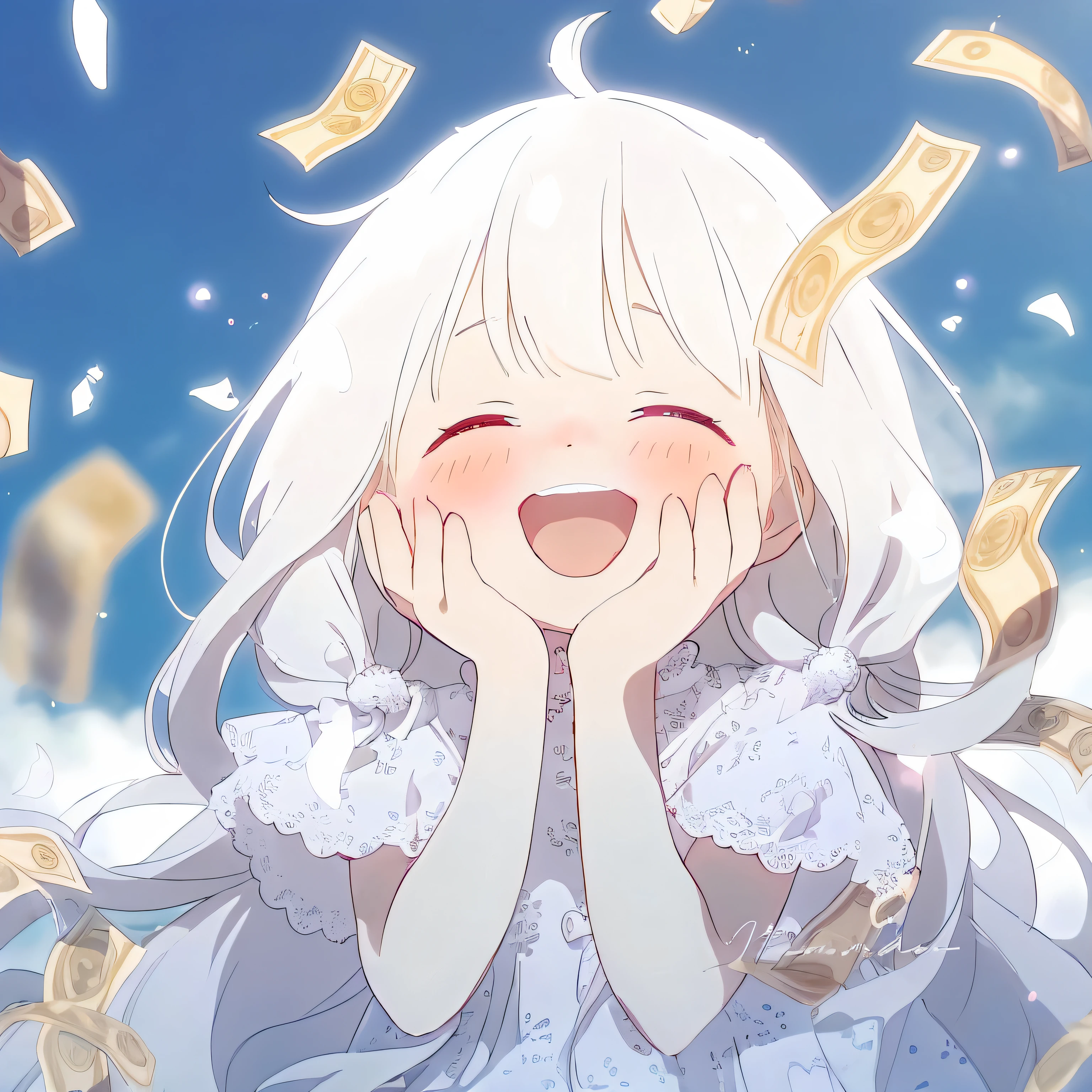 Anime girl with white hair and blue eyes smiling in front of money, splash ink art anime loli, Anime visuals of a cute girl, white-haired god, change, White hair floating in the air, Girl with white hair, exciting illustration, Pixiv Contest Winner, guweiz on pixiv artstation, Curvy little loli, Smile like a fairy queen