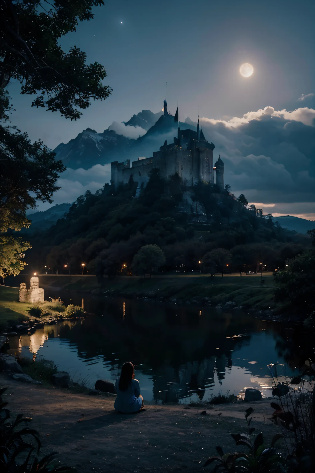 "Create a cinematic-quality image with advanced effects. A cena deve retratar uma pessoa sentada delicadamente na lua, com um majestoso castelo ao fundo situado no topo de uma montanha. O castelo deve ser iluminado por uma luz suave, magic light. Ao redor da montanha, There must be some trees contributing to the mysterious and enchanting atmosphere of the scene. A paleta de cores deve refletir a tranquilidade da noite, enfatizando tons de azul e prata. Certifique-se de que a imagem tenha qualidade visual excepcional e detalhes impressionantes."